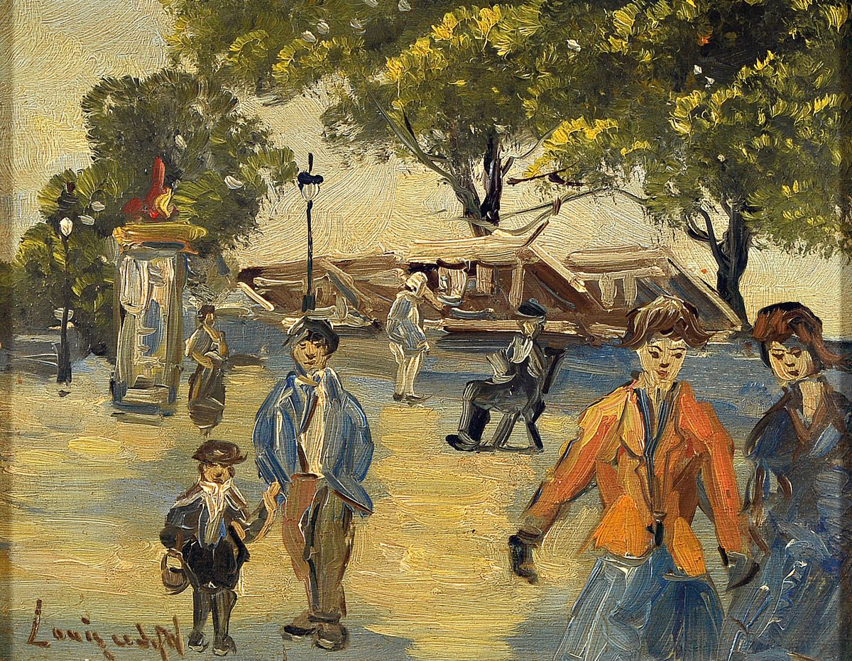 Louis van der Pol, 1915 Amsterdam-1986 Abcoude, Personen im Park, Öl/Holz, links unten signiert, ca. 24x30cm, R. ca. 44x50cm