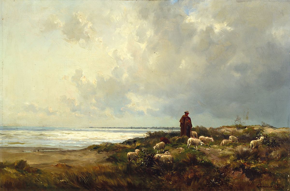 Georges Ernest Chauvier de Leon, 1835 Paris-1907, Schäfer mit seiner Herde in den Dünen an der Küste, Öl/Lwd, rechts unten signiert, ca. 31x46cm, ...