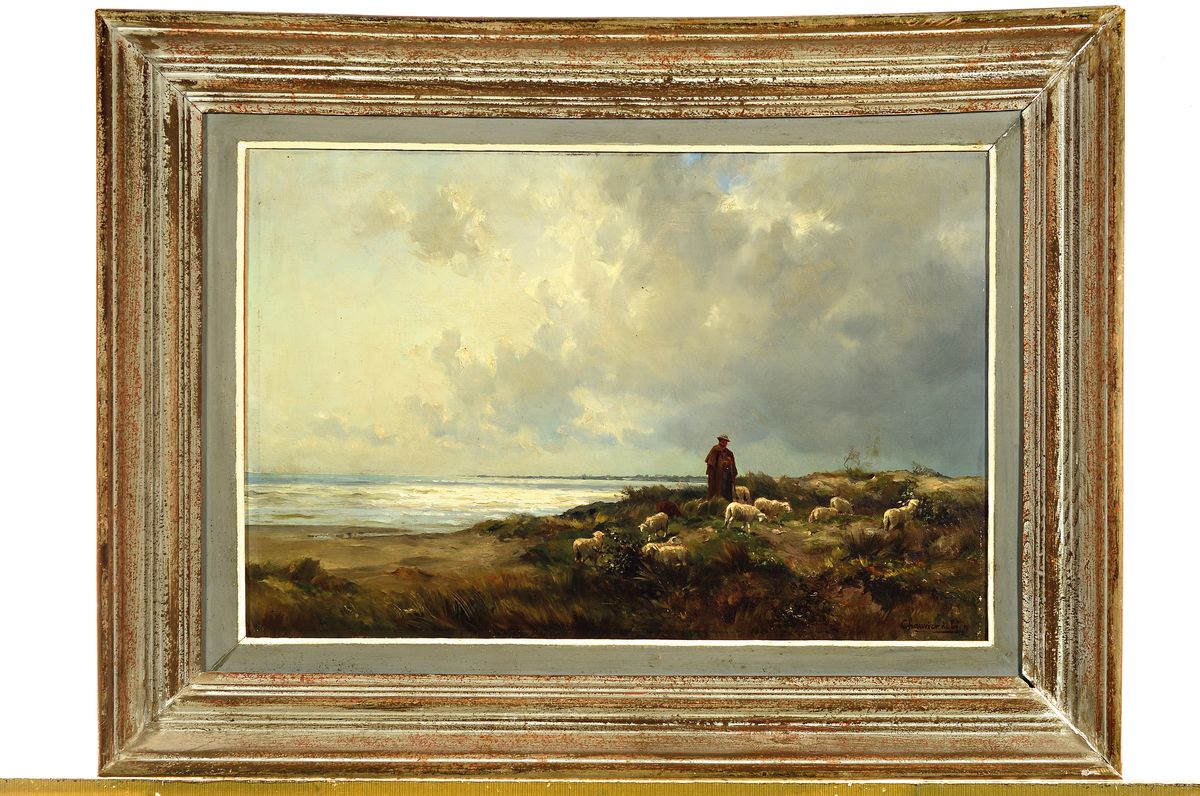 Detail k: Georges Ernest Chauvier de Leon, 1835 Paris-1907, Schäfer mit seiner Herde in den Dünen an der Küste, Öl/Lwd, rechts unten signiert, ca. 31x46cm, ...