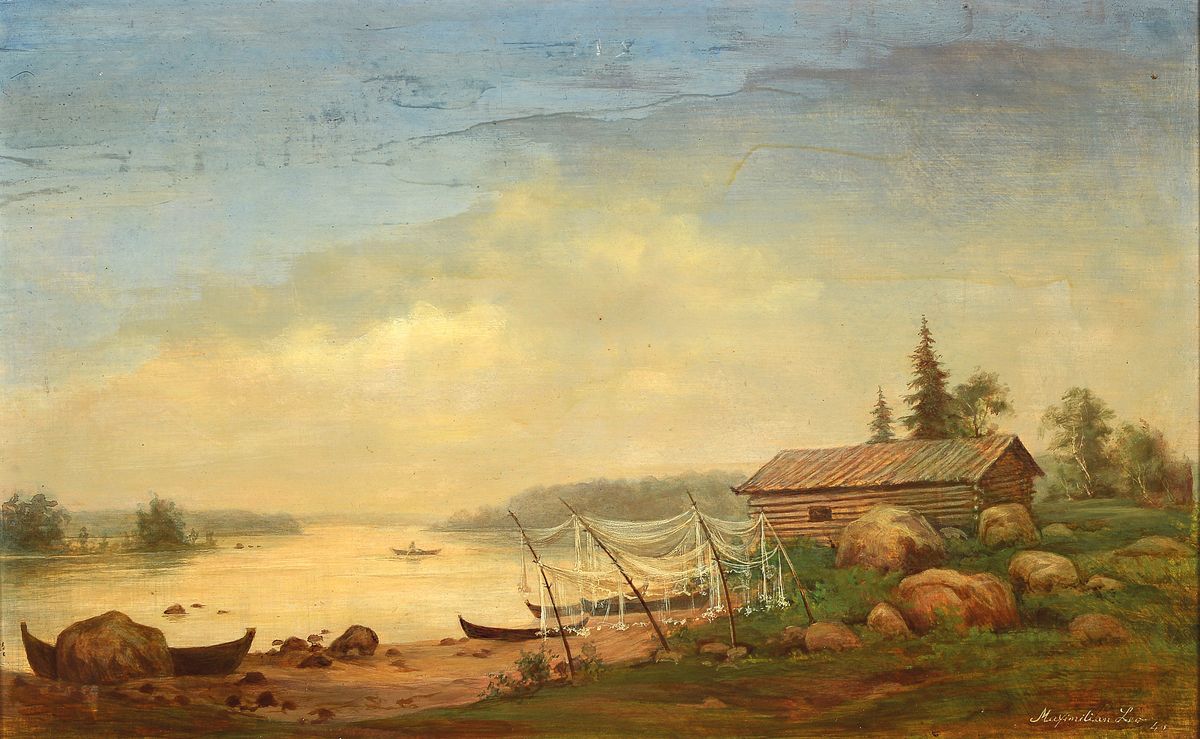 Maximilian Leo, Münchener Maler des 20. Jh., Fischerhütte am See, Öl/Hartfaser, feine lasierende Malerei, rechts unten signiert und dat. 40, ca. ...
