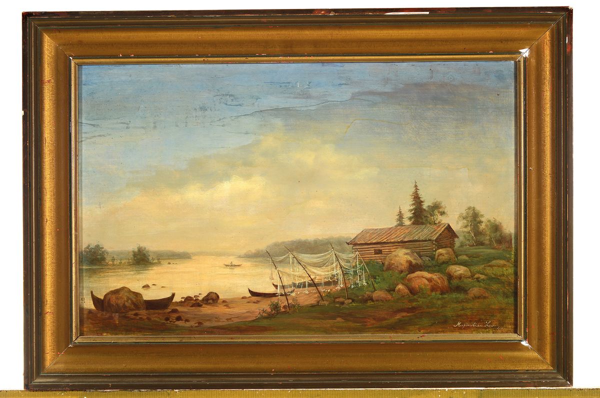 Detail k: Maximilian Leo, Münchener Maler des 20. Jh., Fischerhütte am See, Öl/Hartfaser, feine lasierende Malerei, rechts unten signiert und dat. 40, ca. ...