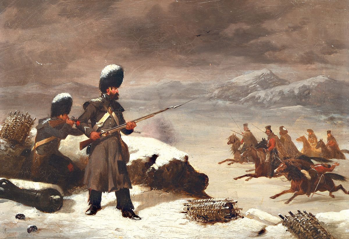 Zuschreibung: Axel Johan Fägerplan, 1788 Westgotland-1865 Stockholm, Verschneite Winterlandschaft mit angreifender Kavallerie und verteidigenden ...