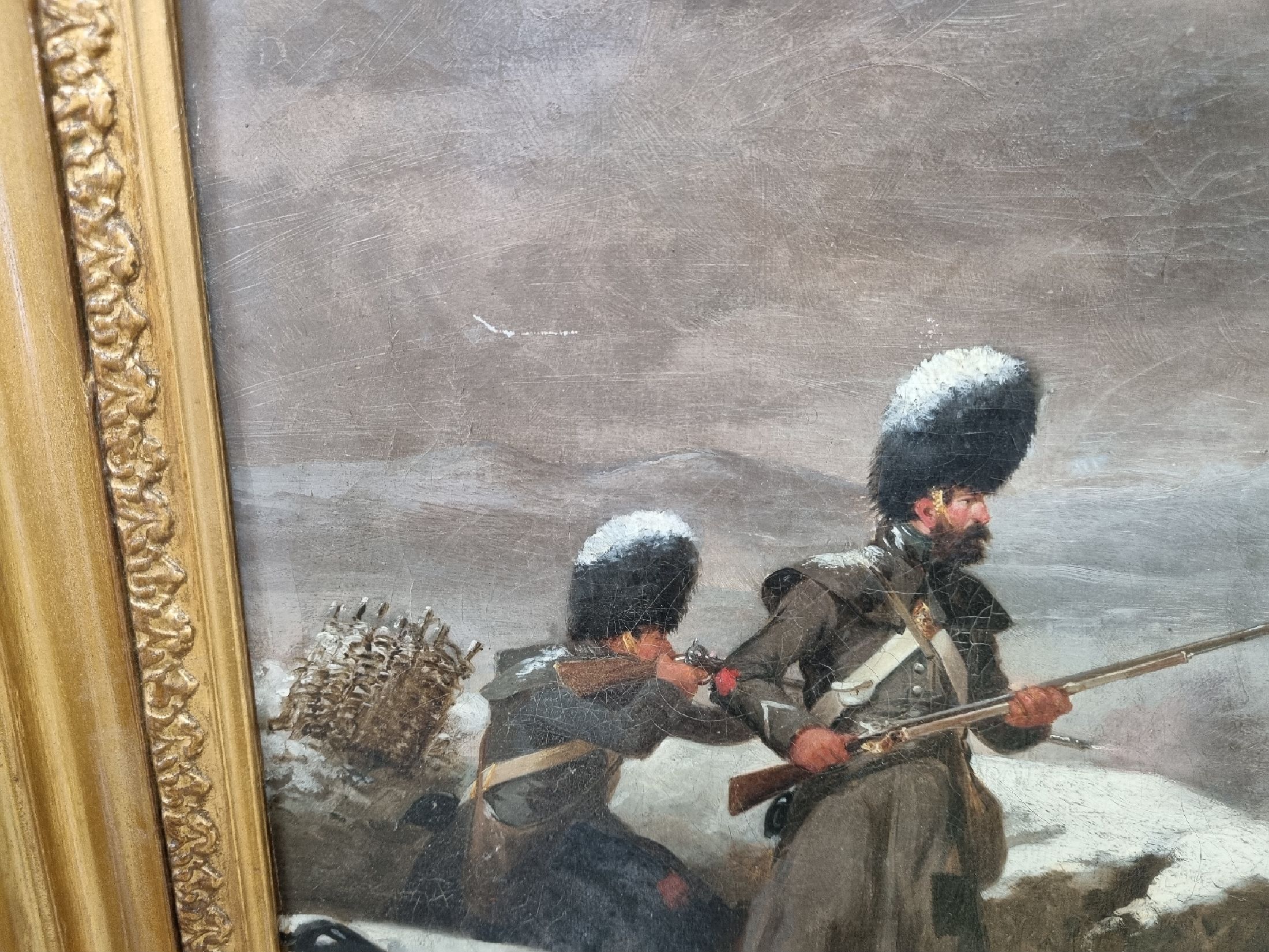 Detail b: Zuschreibung: Axel Johan Fägerplan, 1788 Westgotland-1865 Stockholm, Verschneite Winterlandschaft mit angreifender Kavallerie und verteidigenden ...