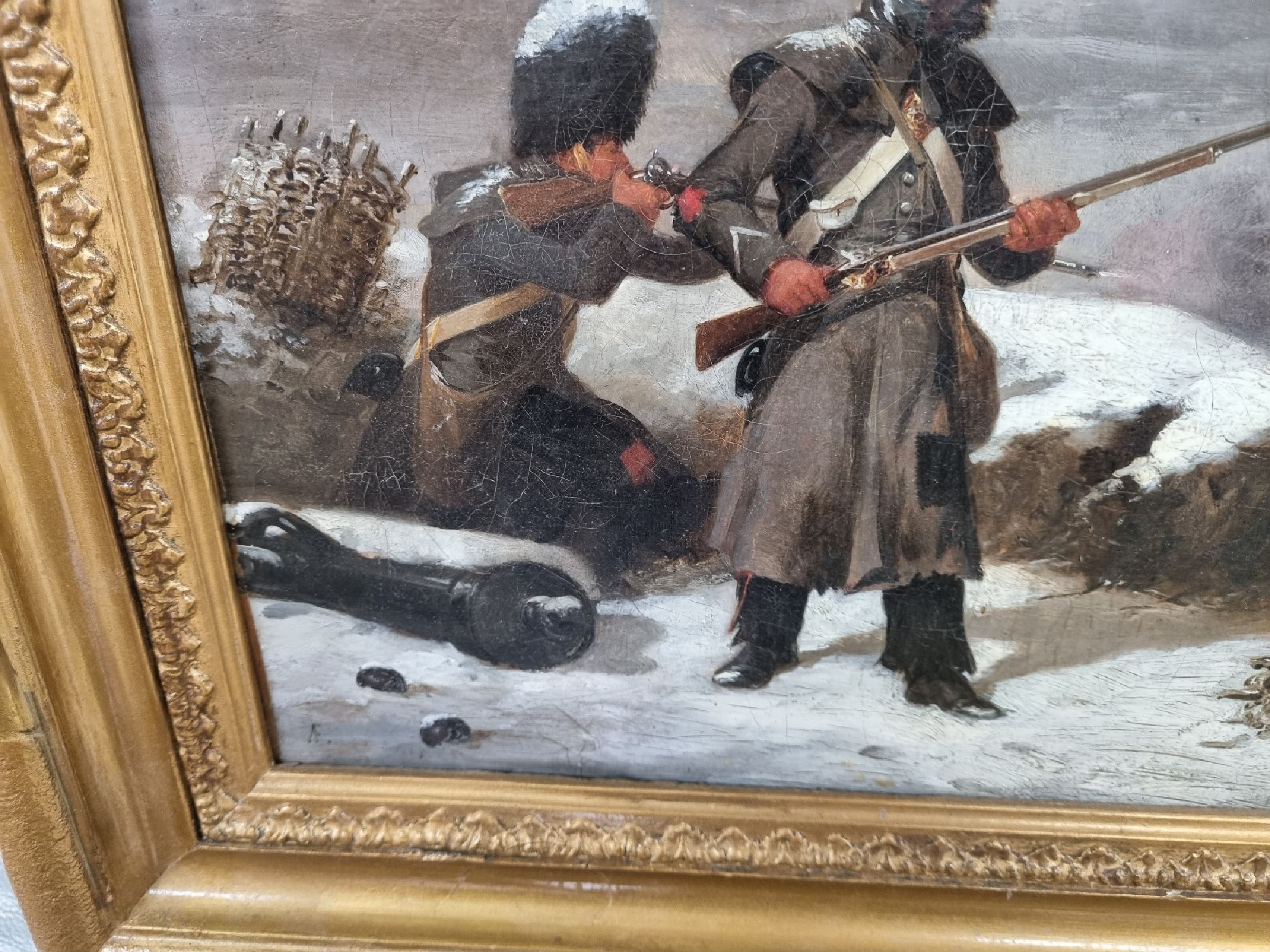 Detail c: Zuschreibung: Axel Johan Fägerplan, 1788 Westgotland-1865 Stockholm, Verschneite Winterlandschaft mit angreifender Kavallerie und verteidigenden ...