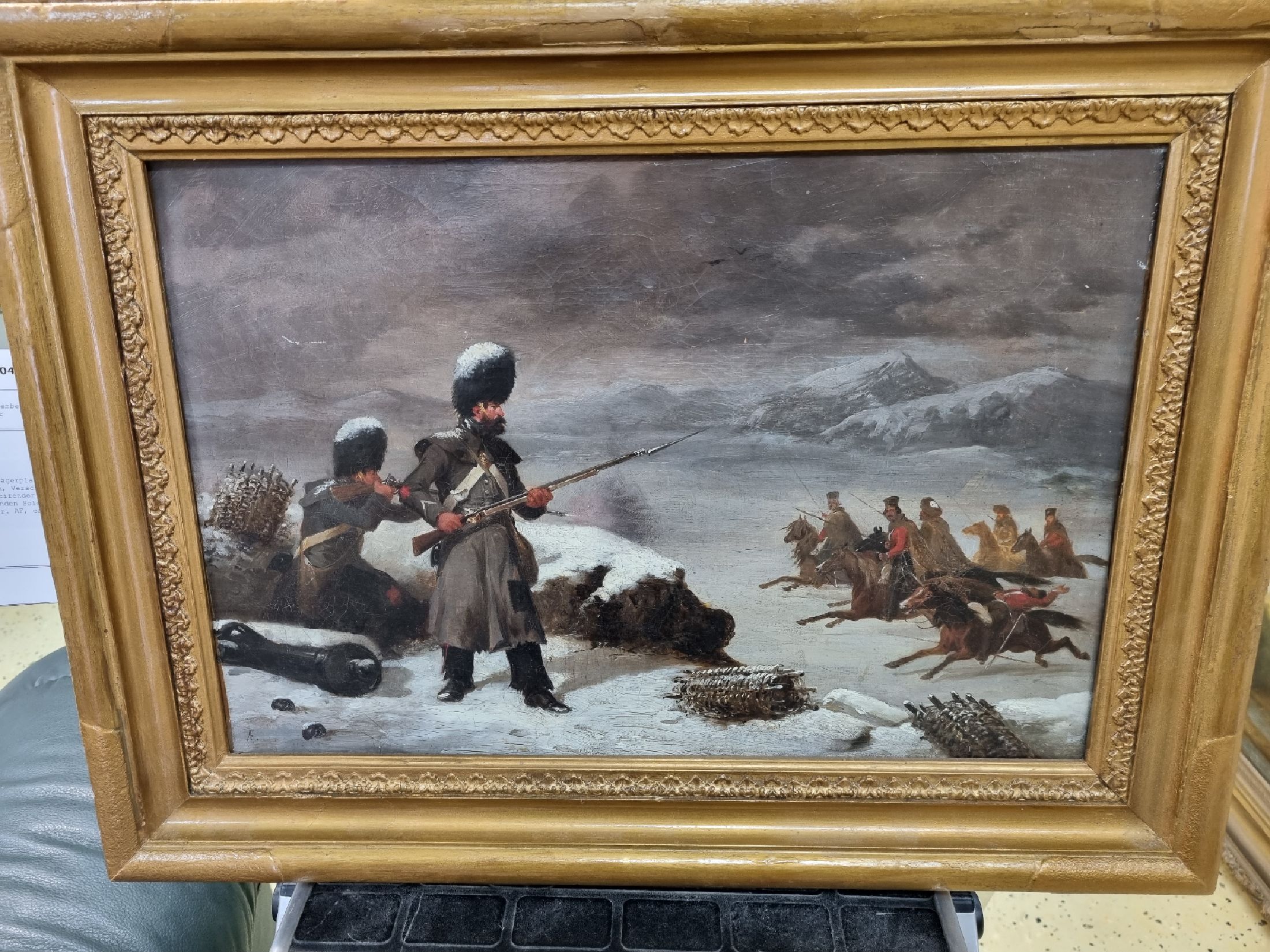 Detail f: Zuschreibung: Axel Johan Fägerplan, 1788 Westgotland-1865 Stockholm, Verschneite Winterlandschaft mit angreifender Kavallerie und verteidigenden ...