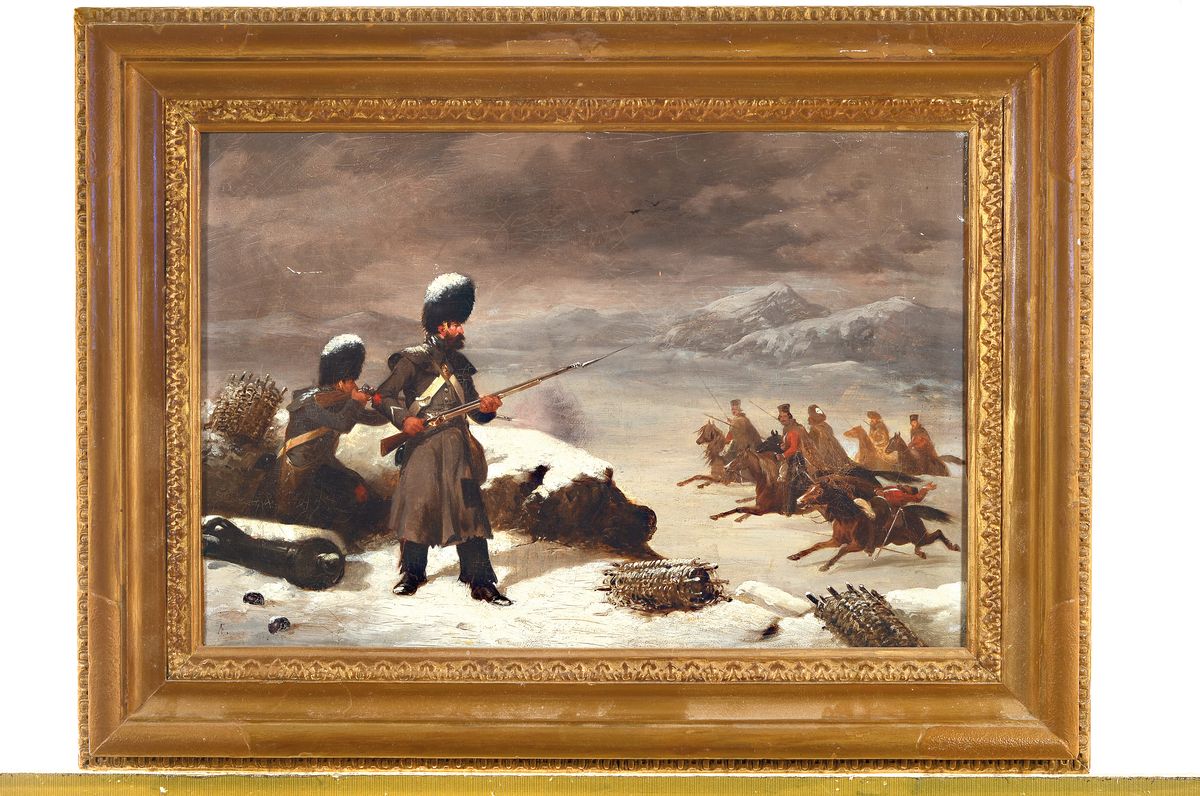 Detail k: Zuschreibung: Axel Johan Fägerplan, 1788 Westgotland-1865 Stockholm, Verschneite Winterlandschaft mit angreifender Kavallerie und verteidigenden ...
