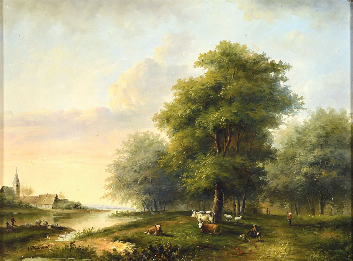 H.P. Koekkoek, niederländischer Maler des 20. Jh., Weite Landschaft mit Kühen unter Bäumen, Spaziergängern und einem Fluss, Öl/ Holz, links ...