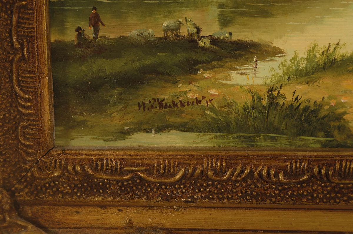 Detail a: H.P. Koekkoek, niederländischer Maler des 20. Jh., Weite Landschaft mit Kühen unter Bäumen, Spaziergängern und einem Fluss, Öl/ Holz, links ...