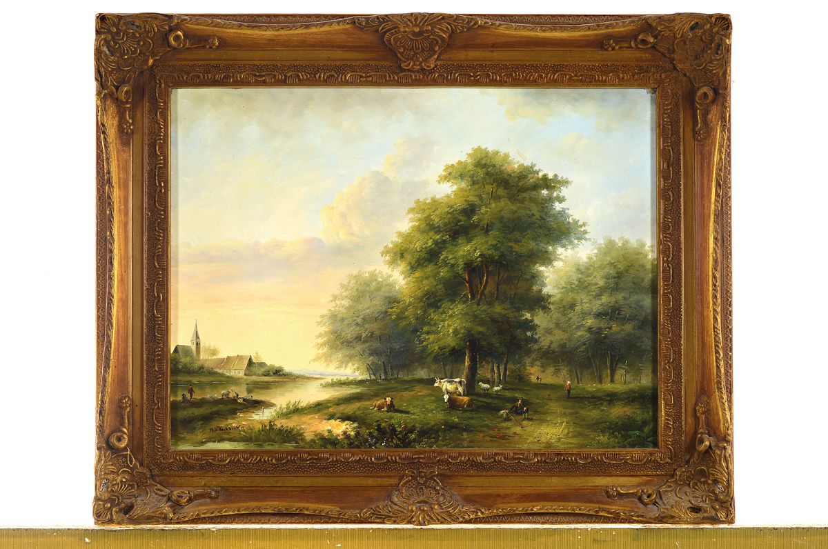Detail k: H.P. Koekkoek, niederländischer Maler des 20. Jh., Weite Landschaft mit Kühen unter Bäumen, Spaziergängern und einem Fluss, Öl/ Holz, links ...