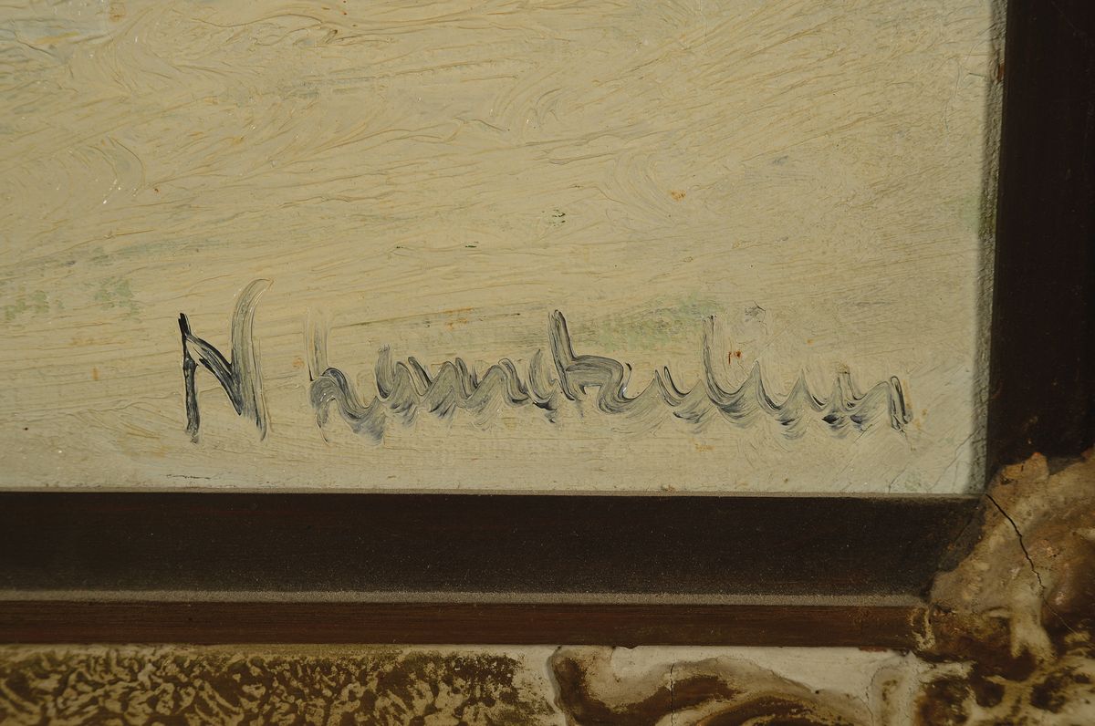 Detail a: Unleserlich signiert, um 1950, zwei Reiter im Schneesturm, Öl/Lwd, rechts unten unleserlich signiert, ca. 45x65cm, R. ca. 60x80cm