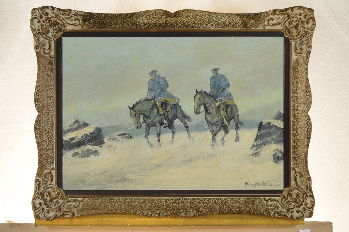 Detail k: Unleserlich signiert, um 1950, zwei Reiter im Schneesturm, Öl/Lwd, rechts unten unleserlich signiert, ca. 45x65cm, R. ca. 60x80cm