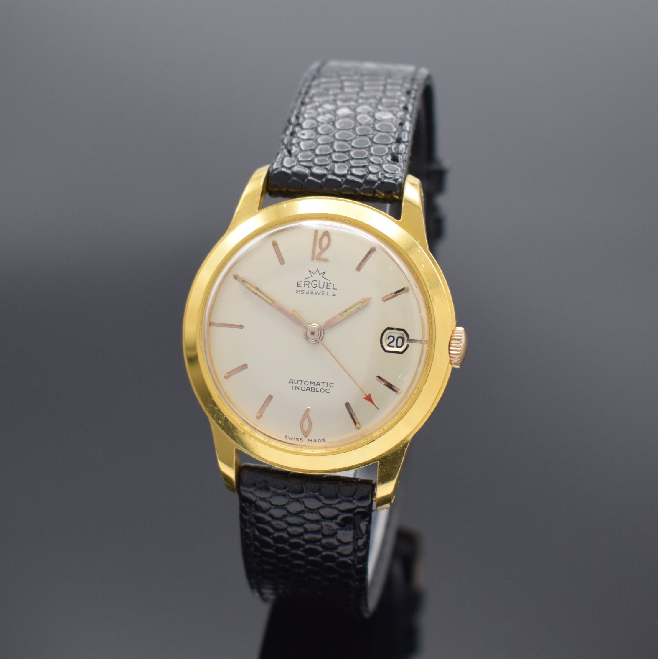 ERGUEL / FELSA PROTOTYP mit 36000Ah, Schweiz um 1965, Handaufzug, verg. Gehäuse, Stahlboden geschr., vers. Zifferblatt, Datum b. 3, gold. Std.-Ind. ...