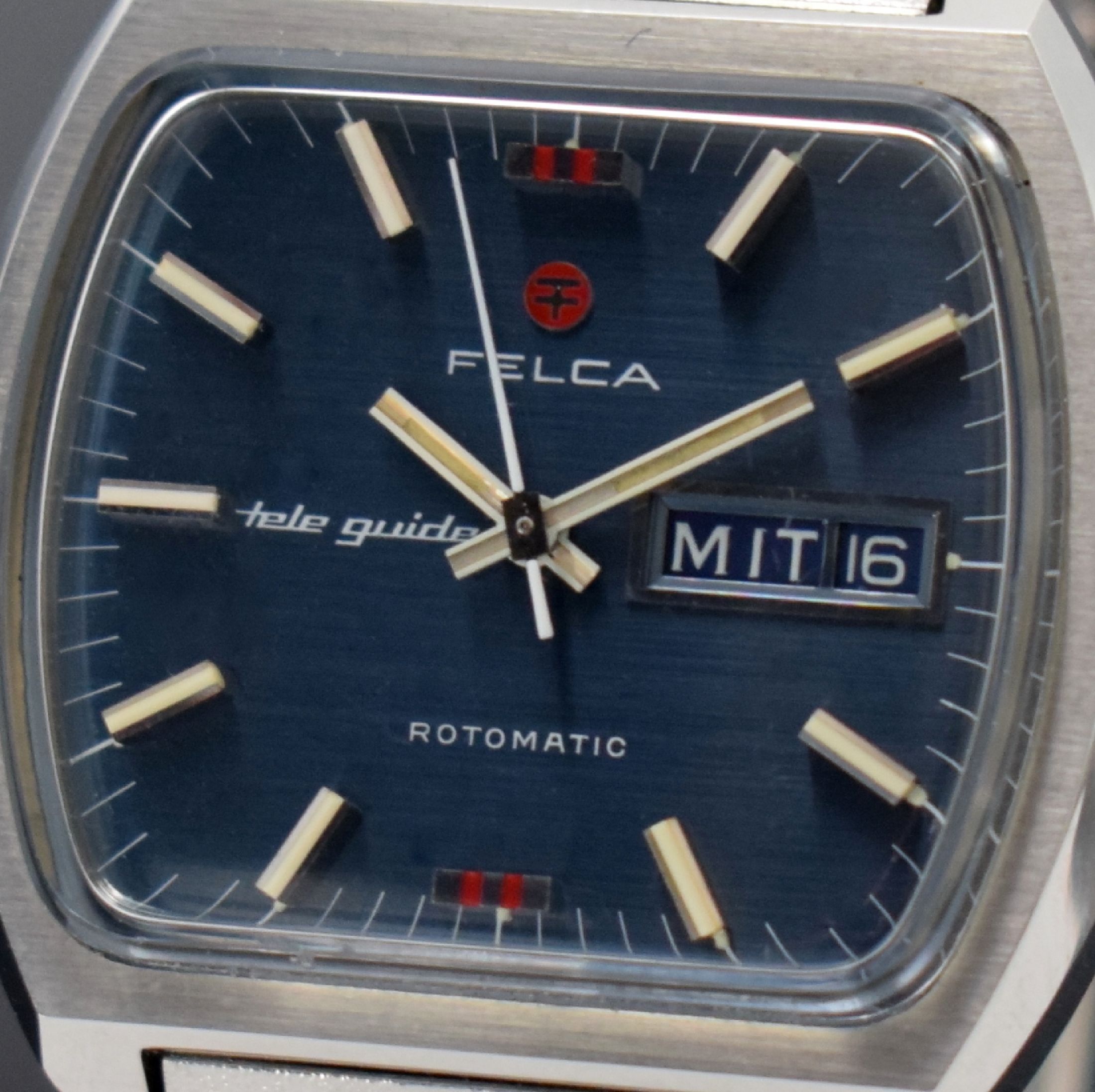 Detail b: FELCA Tele Guide Rotomatic seltene, gut erhaltene Herrenarmbanduhr, Schweiz um 1970, Automatik, aufwendiges 3-teil. Monocoque-Geh. m. ...