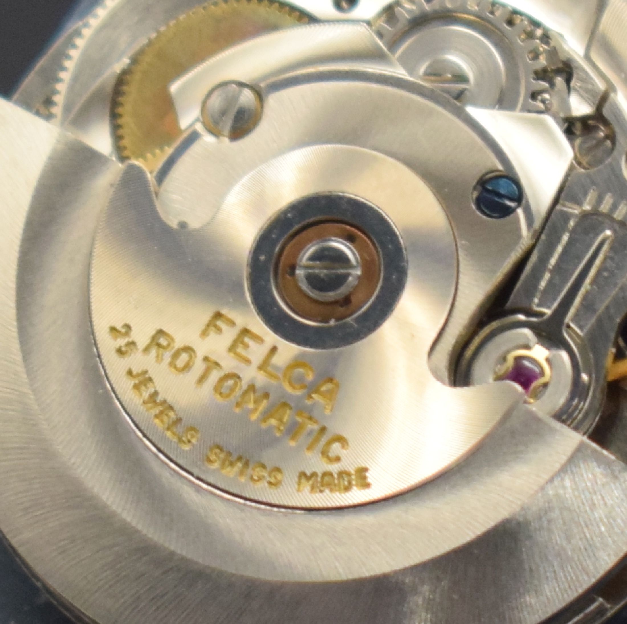 Detail m: FELCA Tele Guide Rotomatic seltene, gut erhaltene Herrenarmbanduhr, Schweiz um 1970, Automatik, aufwendiges 3-teil. Monocoque-Geh. m. ...