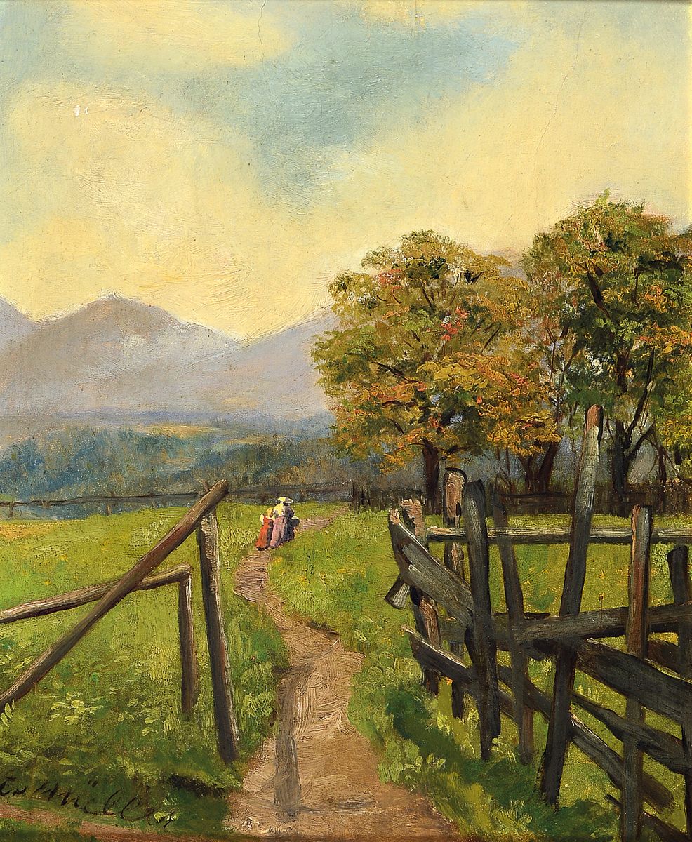 Emma von Müller Edle von Seehof, 1859 Innsbruck-1925 München, Schülerin von Franz von Defregger und Ludwig Schmid-Reutte, hier: Voralpenlandschaft ...