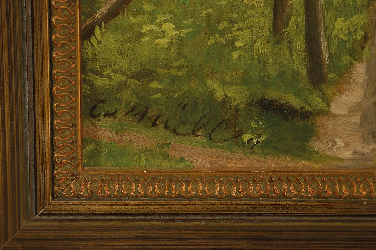 Detail a: Emma von Müller Edle von Seehof, 1859 Innsbruck-1925 München, Schülerin von Franz von Defregger und Ludwig Schmid-Reutte, hier: Voralpenlandschaft ...