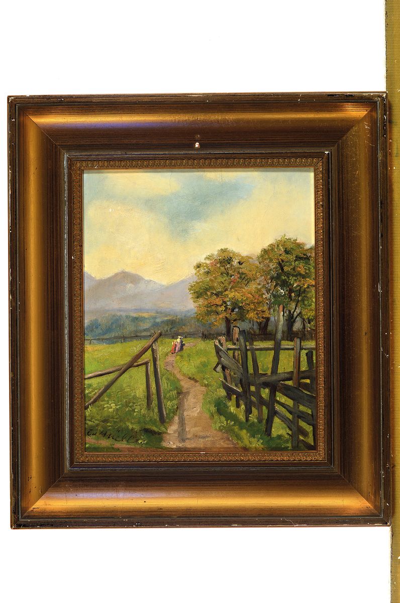 Detail k: Emma von Müller Edle von Seehof, 1859 Innsbruck-1925 München, Schülerin von Franz von Defregger und Ludwig Schmid-Reutte, hier: Voralpenlandschaft ...