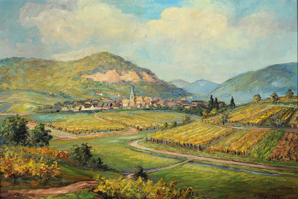 Eduard Opp, pfälzer Maler der 1. Hälfte des 20. Jh., Weiter Blick auf Frankweiler, Öl/Lwd, rechts unten signiert und dat. 1958, ca. 46x68cm, R. ...