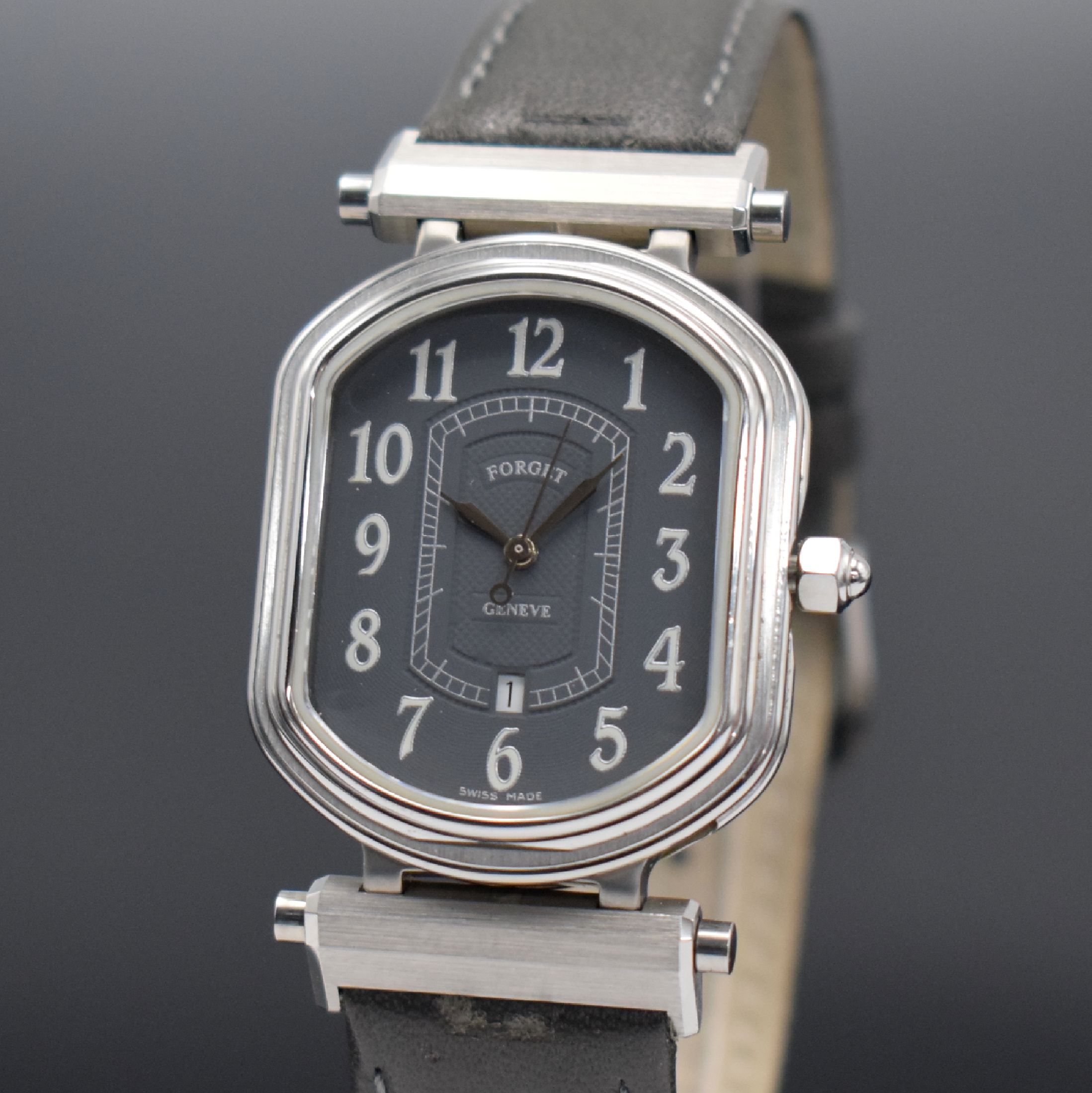 Detail a: FORGET Continental S ungetragene Armbanduhr in Edelstahl, Schweiz um 1990, Automatik, aufw. & beids. vergl. Geh., abnehmbare Bandanstöße, Boden ...