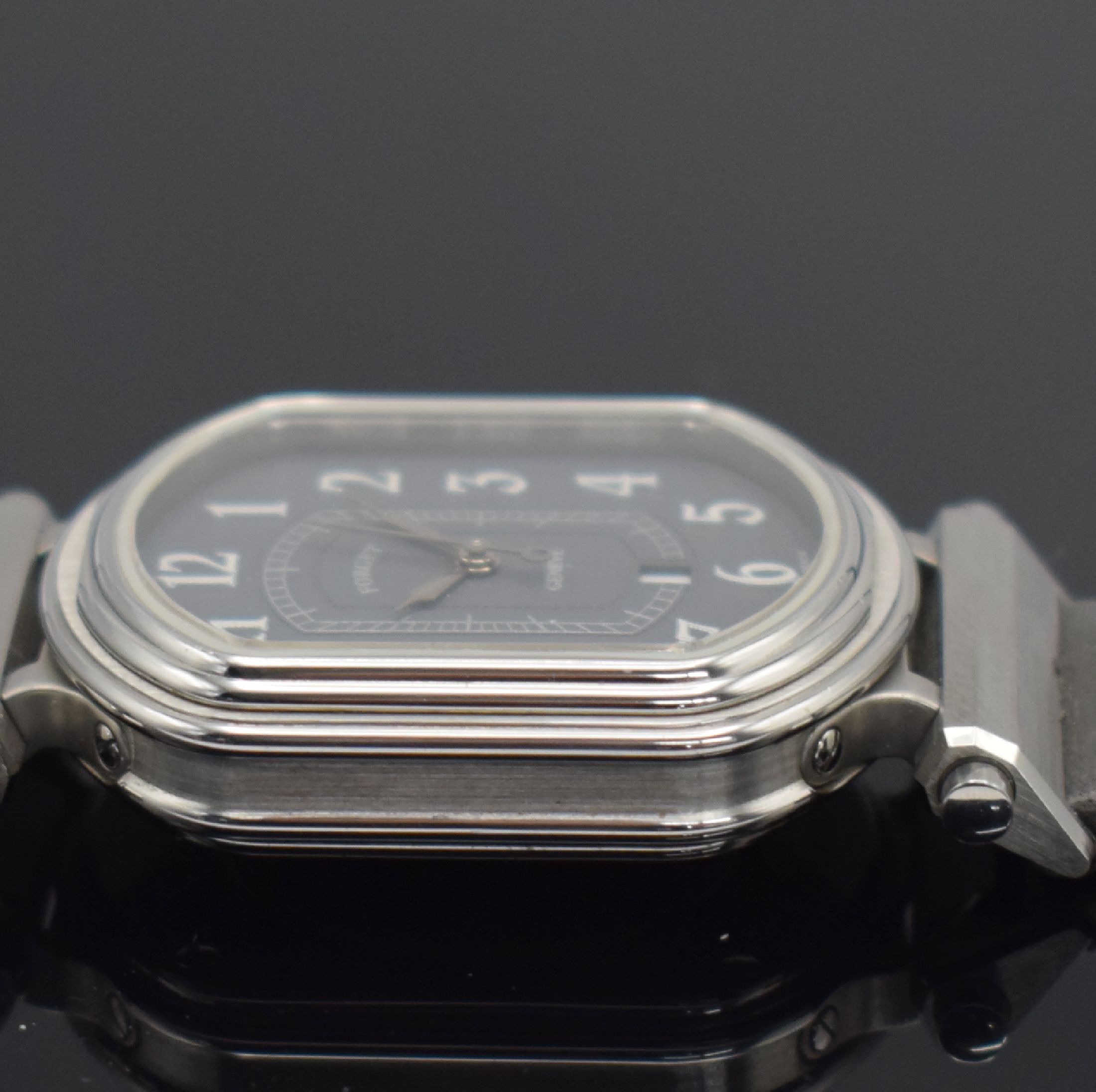 Detail c: FORGET Continental S ungetragene Armbanduhr in Edelstahl, Schweiz um 1990, Automatik, aufw. & beids. vergl. Geh., abnehmbare Bandanstöße, Boden ...