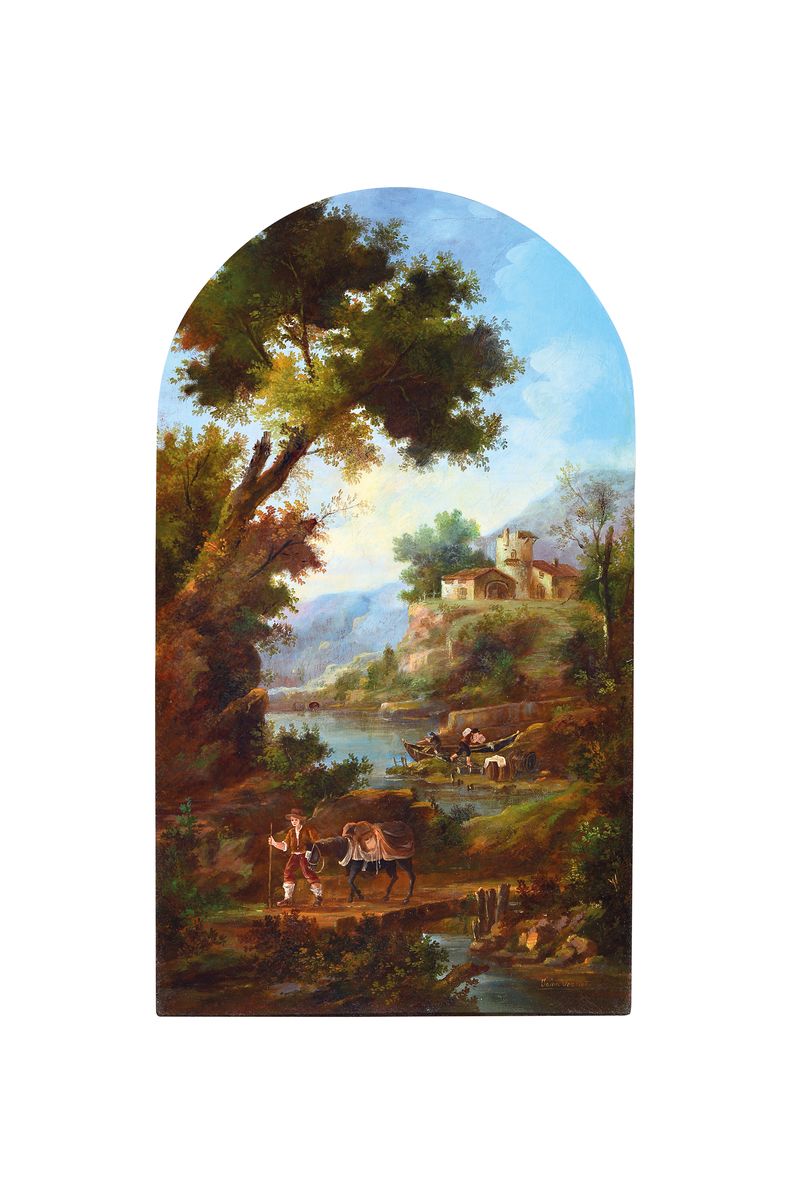 Unbekannter Künstler des 19./20. Jh., 2 Pendants mit idyllischen Landschaften mit romantischen Schäferszenen und Eselshirten, Öl/Lwd, rechts unten ...