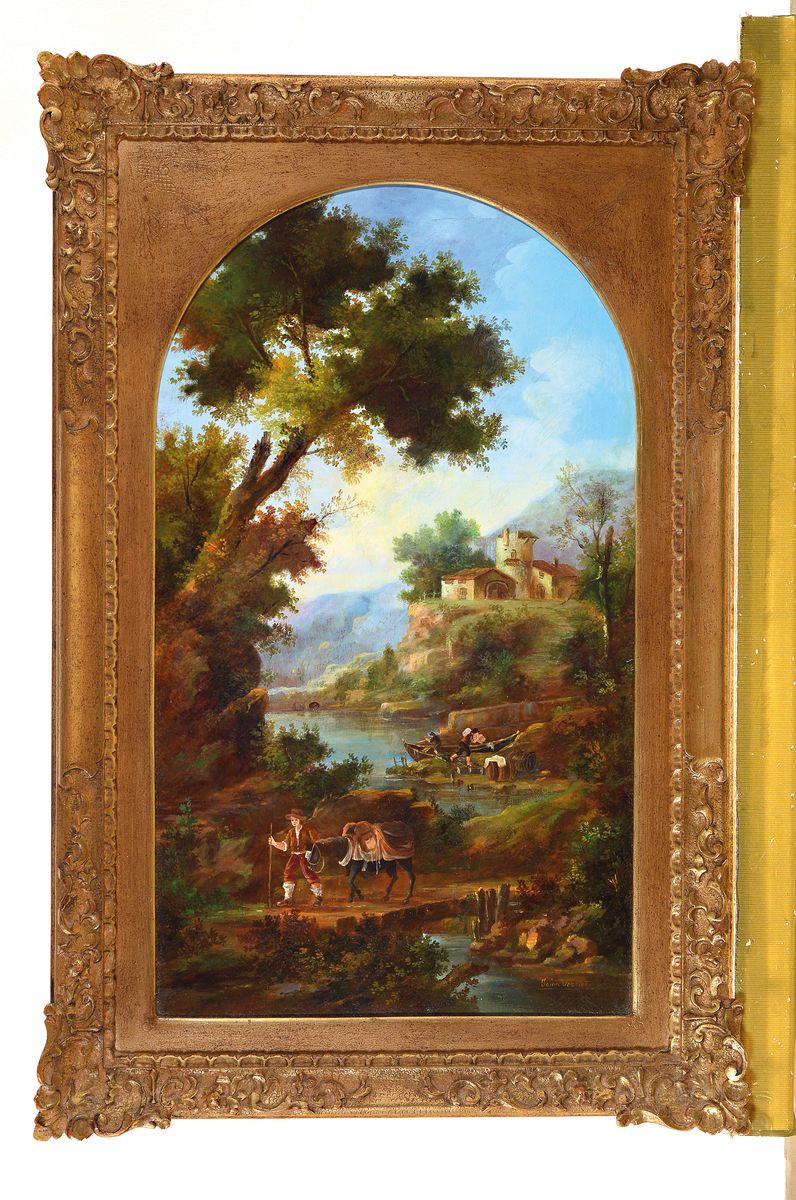 Detail k: Unbekannter Künstler des 19./20. Jh., 2 Pendants mit idyllischen Landschaften mit romantischen Schäferszenen und Eselshirten, Öl/Lwd, rechts unten ...