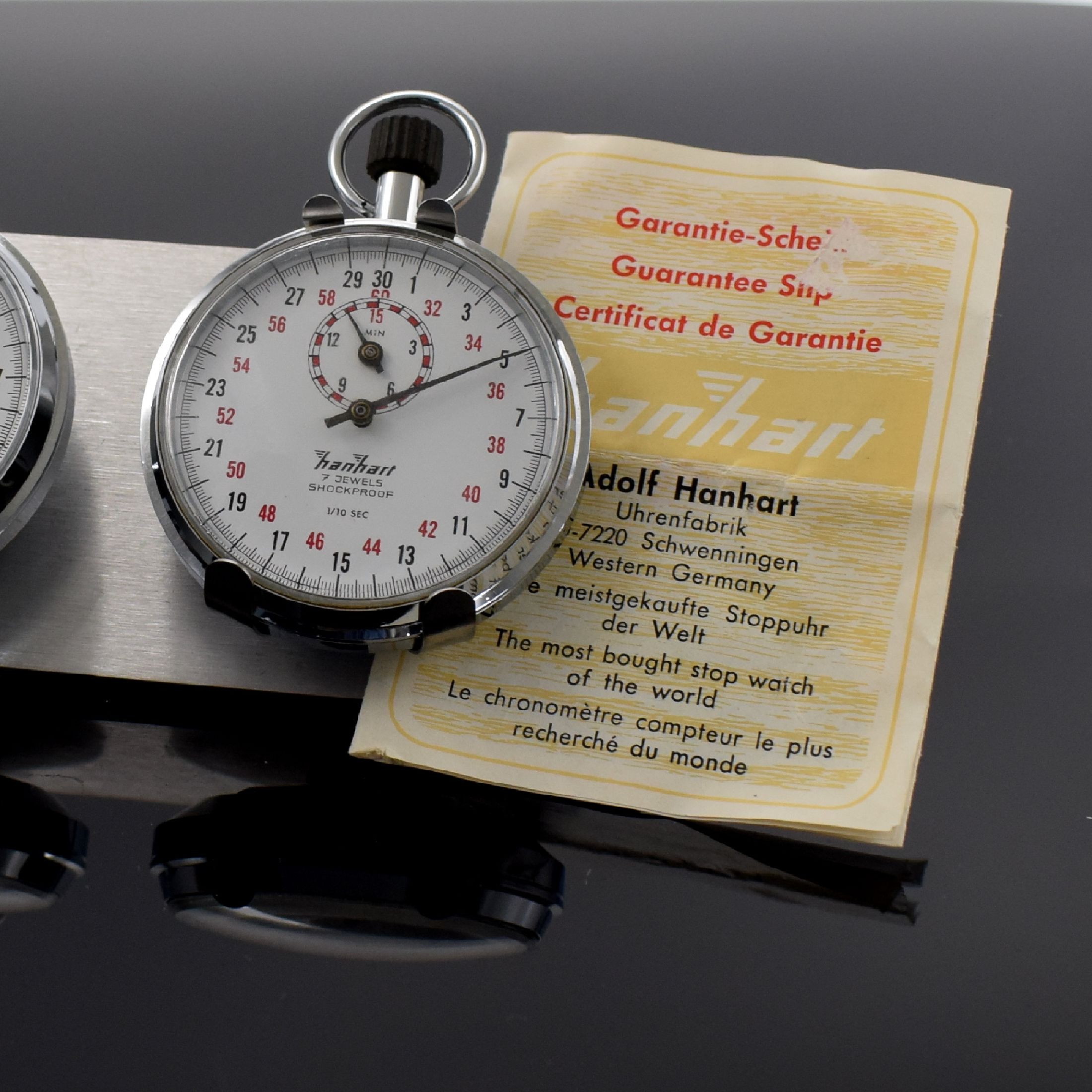 Detail e: 2 HANHART Stoppuhren auf Aluminiumplatte für Motorsport, beide 30/60 Sek.- & 15 Min.- Stoppzähler, 1x m. Additionszähler, Uhren Deutschland um ...