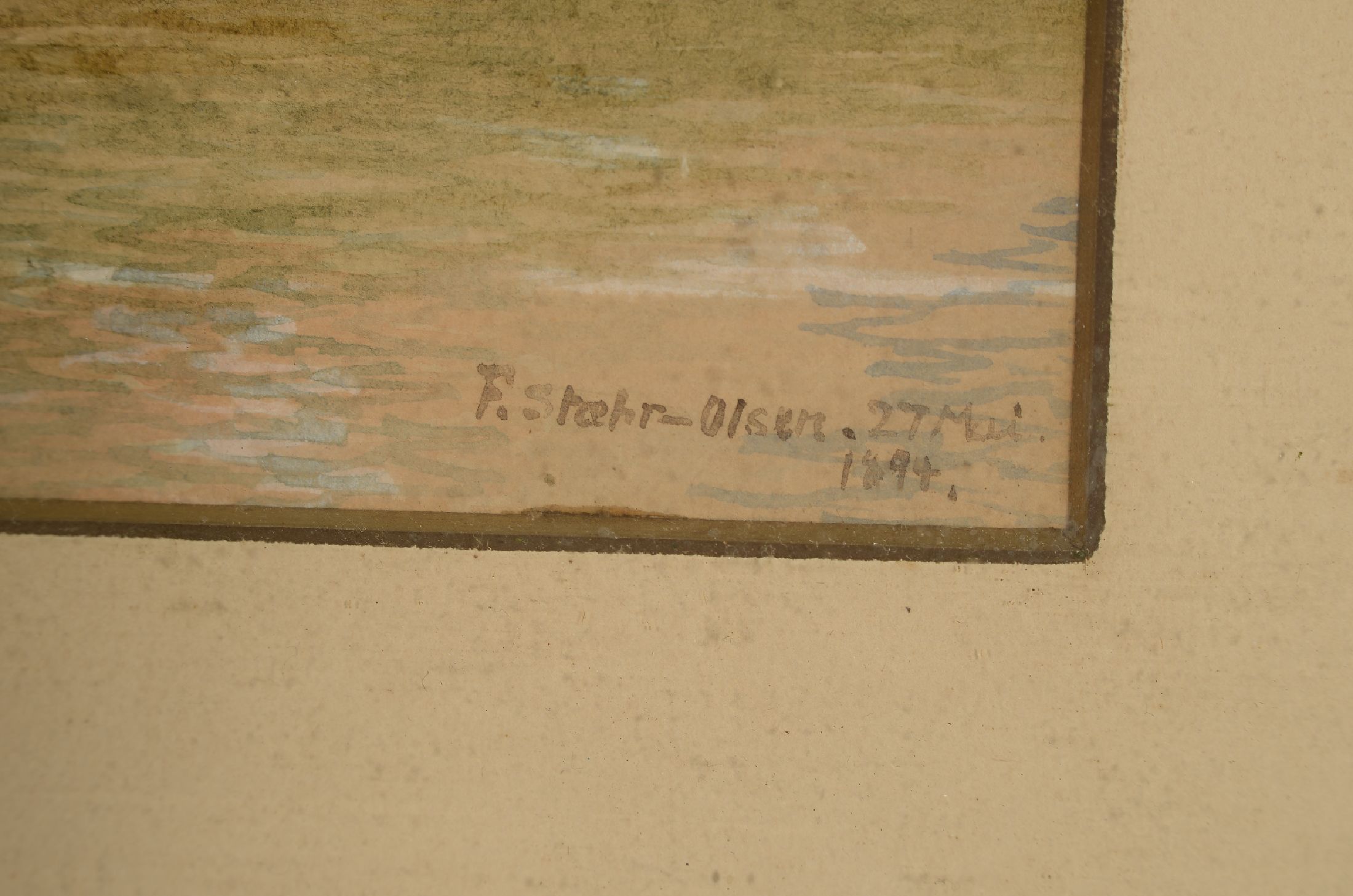Detail a: Fritz Staehr-Olsen, 1858 Kopenhagen-1922 Nykobing, Blick über den Fluss auf die Häuser der Stadt, Aquarell auf Papier, rechts unten signiert und ...