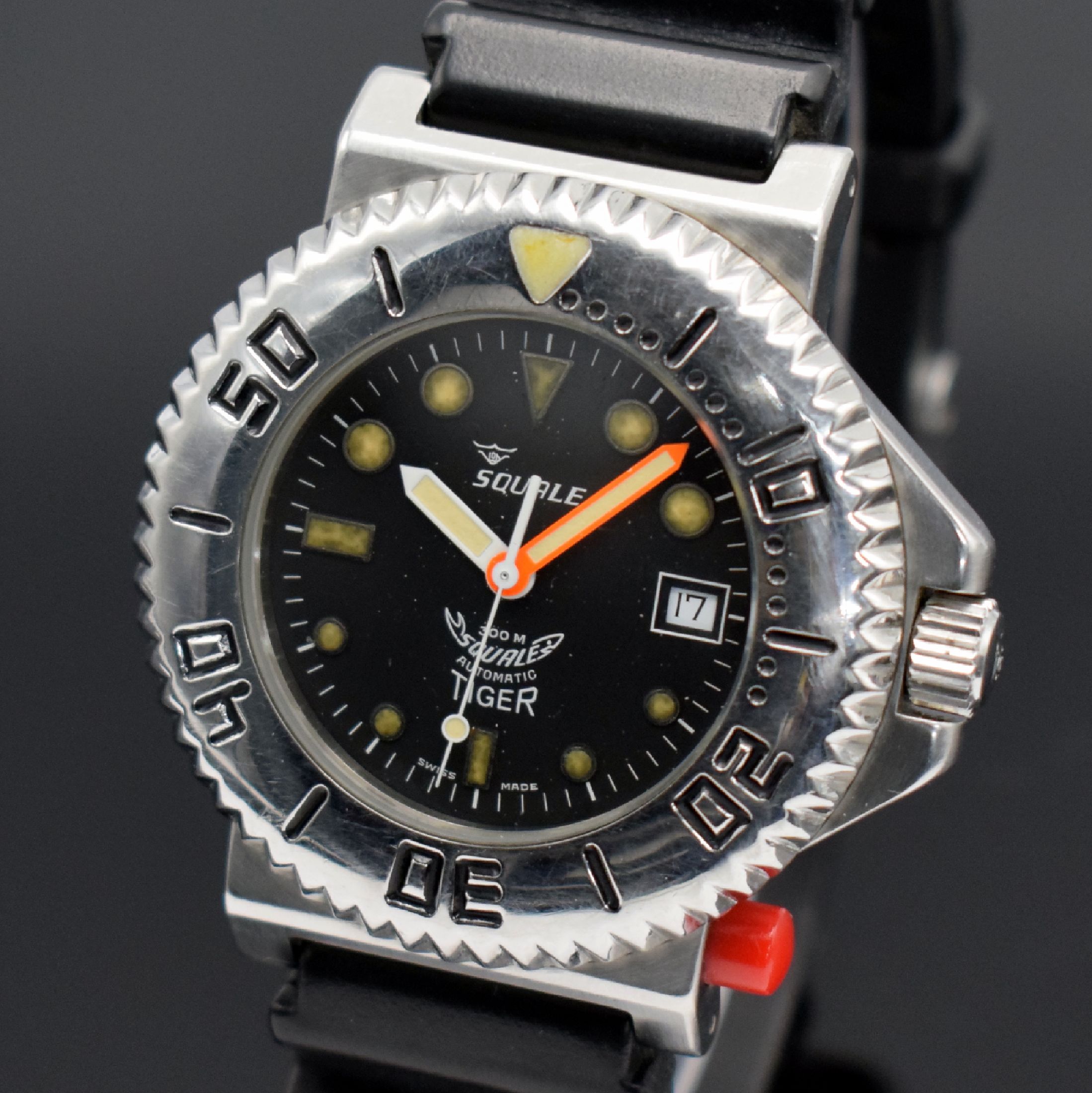Detail a: SQUALE Tiger 300M Taucherarmbanduhr Referenz 2007, Schweiz um 1980, Automatik, massives verschr. Edelstahlgeh., ab Herst. wasserd. 300M, Lünette m. ...