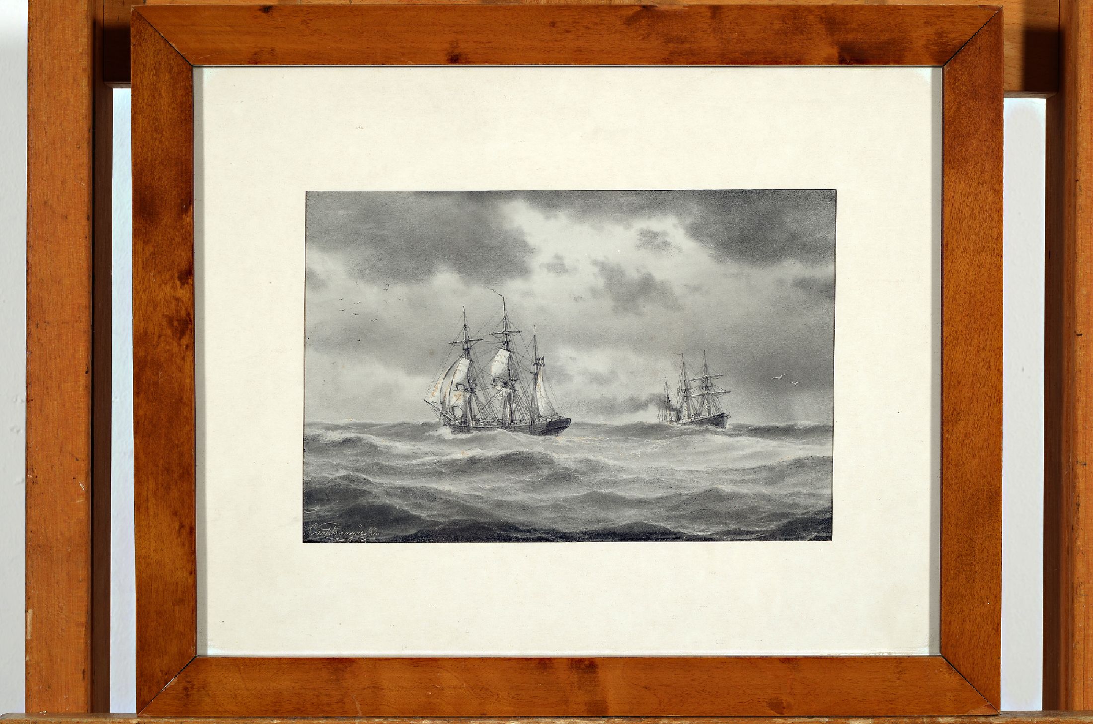 Carl Emil Baagoe, 1829-1902 Kopenhagen, Segelschiffe auf ruhiger See, Bleistift auf Papier, links unten sign. und dat. 82, ca. 14.5x21.5cm, PP, ...