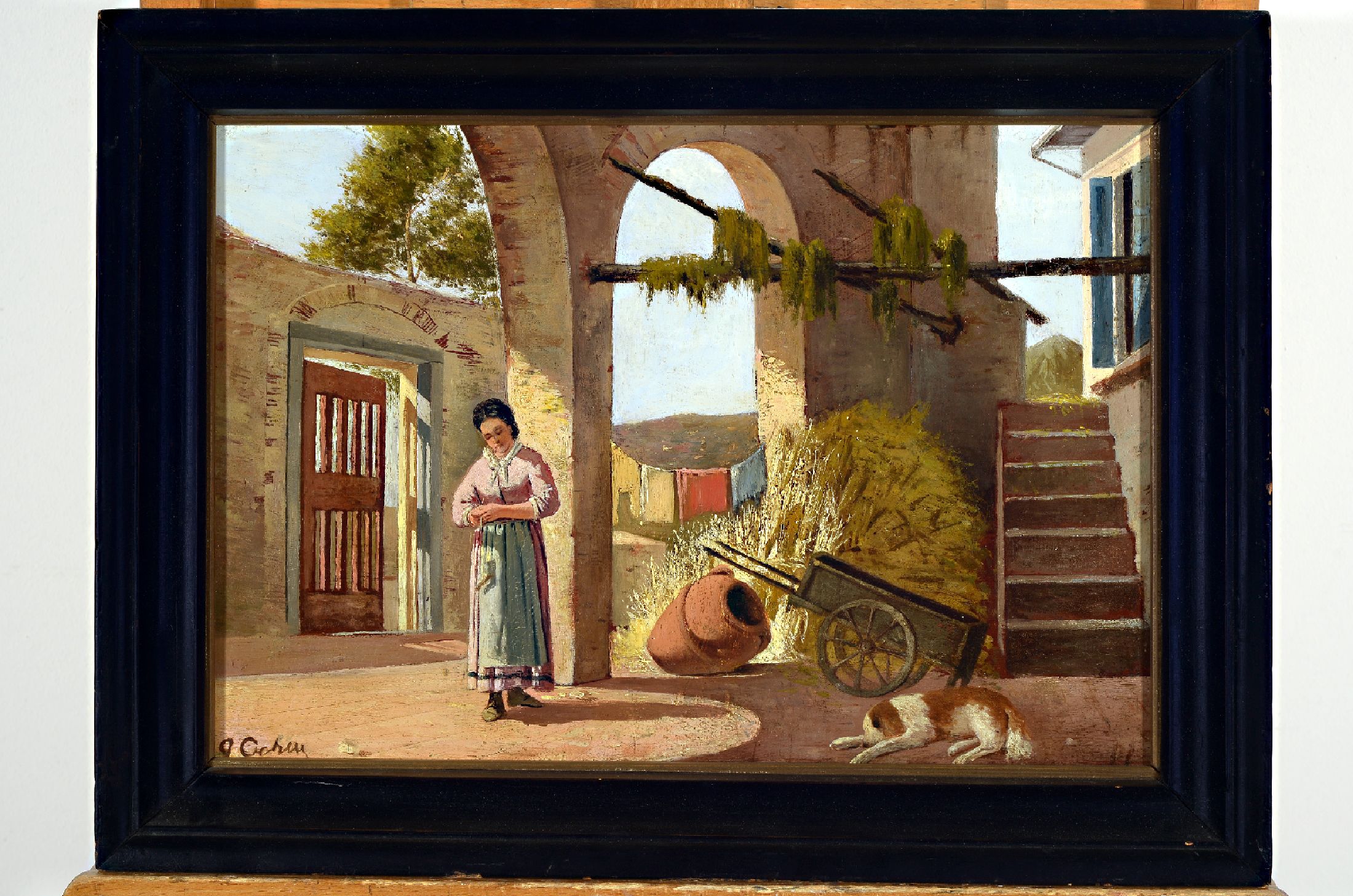 Georg Nicolai Achen, 1860 Frederiksund -1912 Kopenhagen, Frau im Innenhof, Öl/Holz, links unten signiert,ca. 27x40cm, R. ca. 34x 47cm