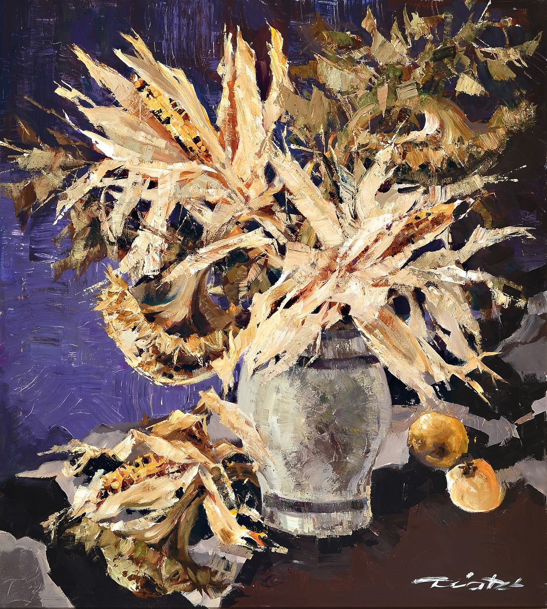 Robert Trätzl, 1913-1986 München, Blumenstillleben mit Sonnenblumen, Maiskolben und Äpfeln auf kobaltblau-violettem Grund, Öl/Lwd, rechts unten ...
