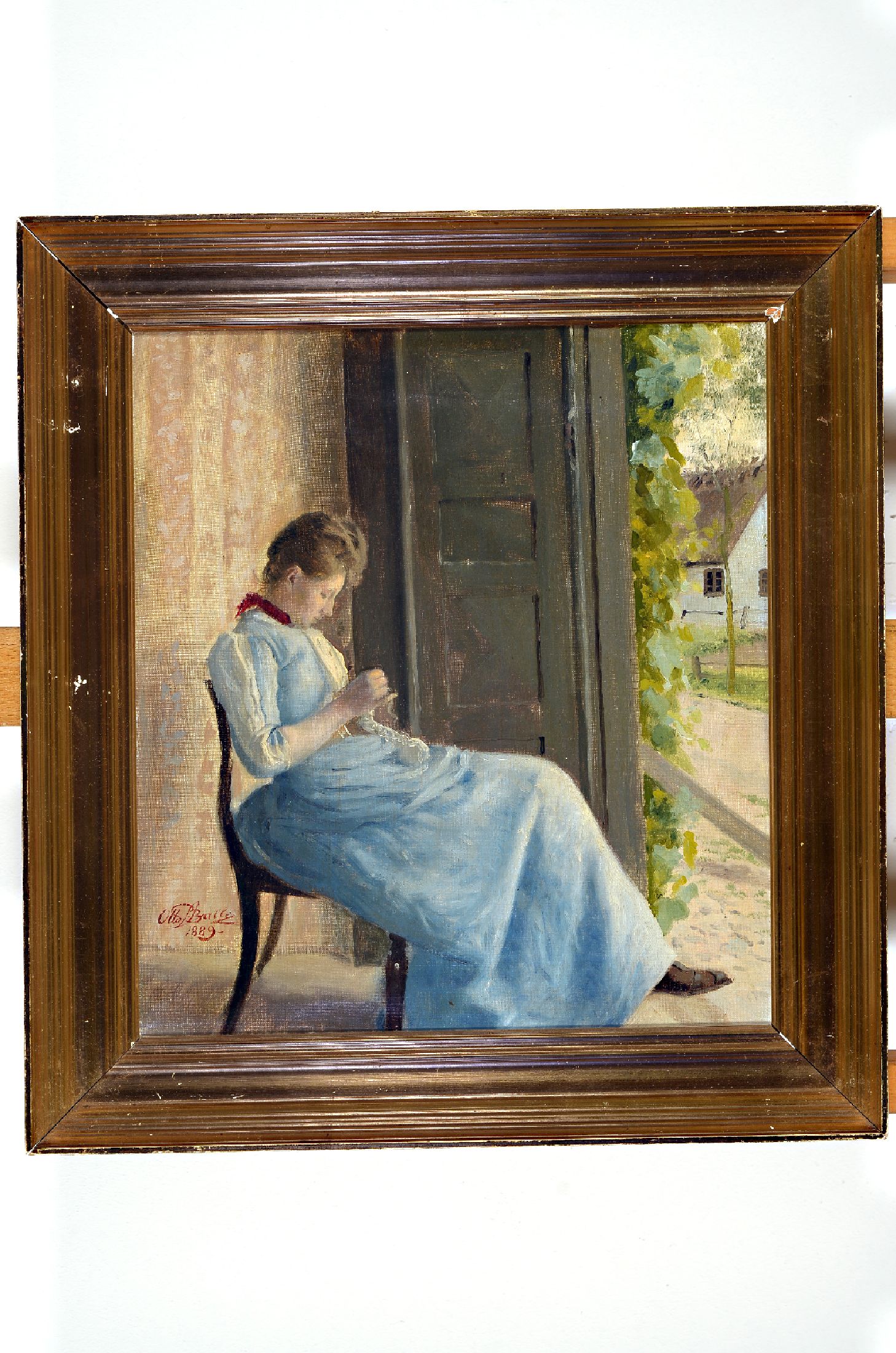 Otto Petersen Balle, 1865-1916, Junge Frau mit Handarbeit an der offenen Tür sitzend, Öl/Lwd, links unten signiert und dat. 1889, ca. 37x33cm, R. ...