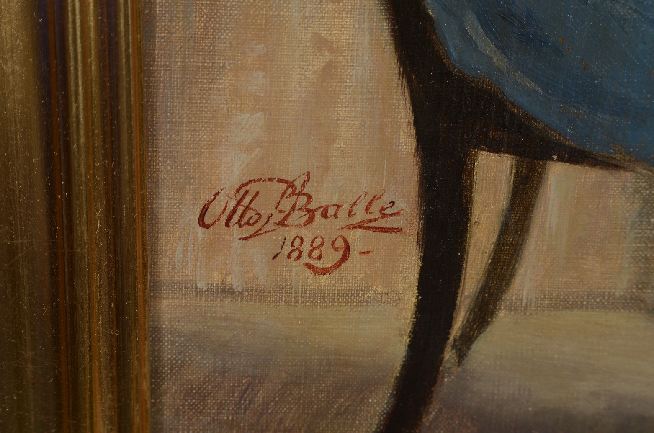 Detail a: Otto Petersen Balle, 1865-1916, Junge Frau mit Handarbeit an der offenen Tür sitzend, Öl/Lwd, links unten signiert und dat. 1889, ca. 37x33cm, R. ...