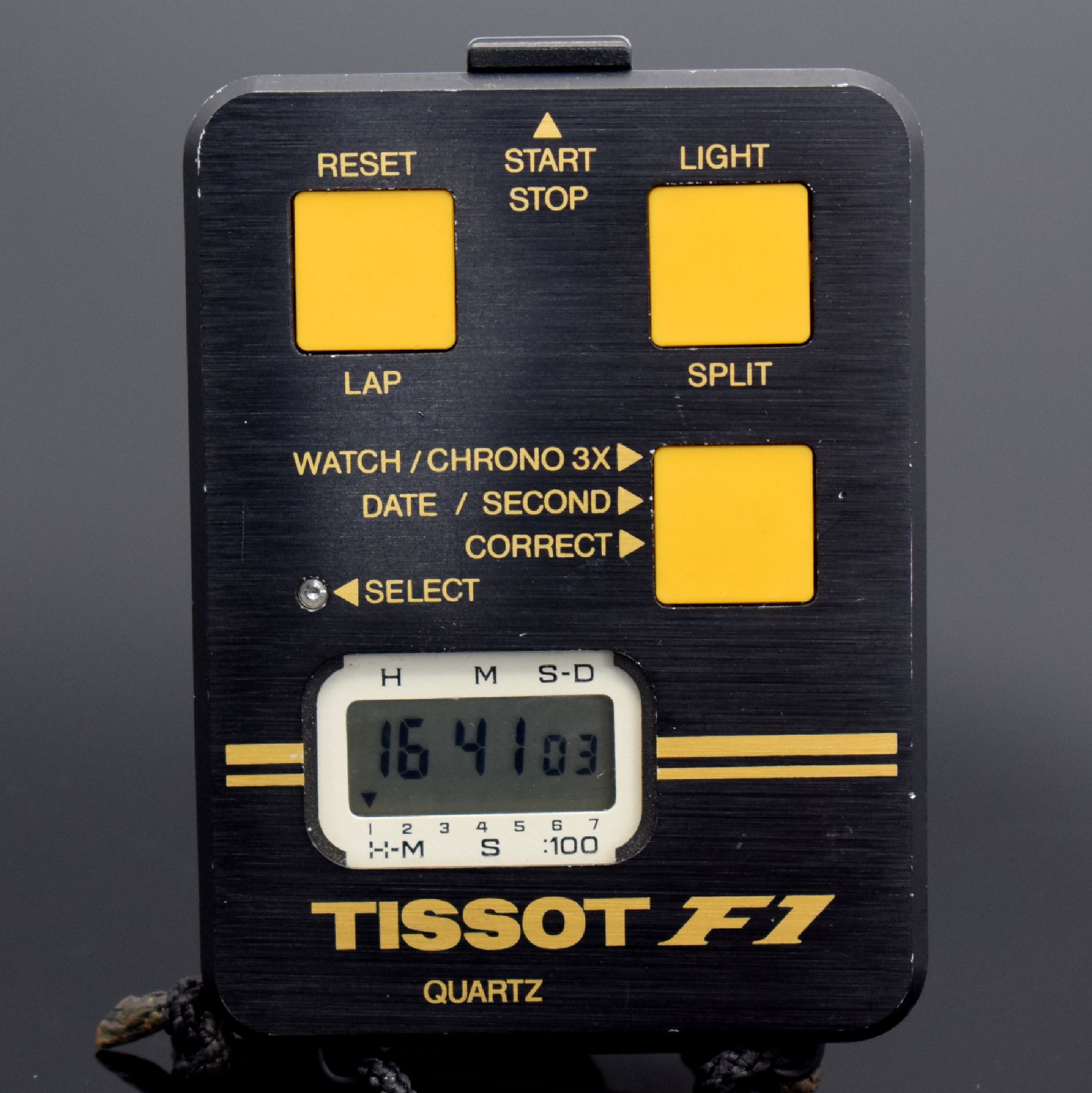Detail a: TISSOT F1 seltene Stoppuhr mit Uhrzeit & Kalender, Schweiz um 1980, quarz, schwarz beschichtetes Metallgehäuse, Boden 4-fach verschr., Stoppfkt., ...