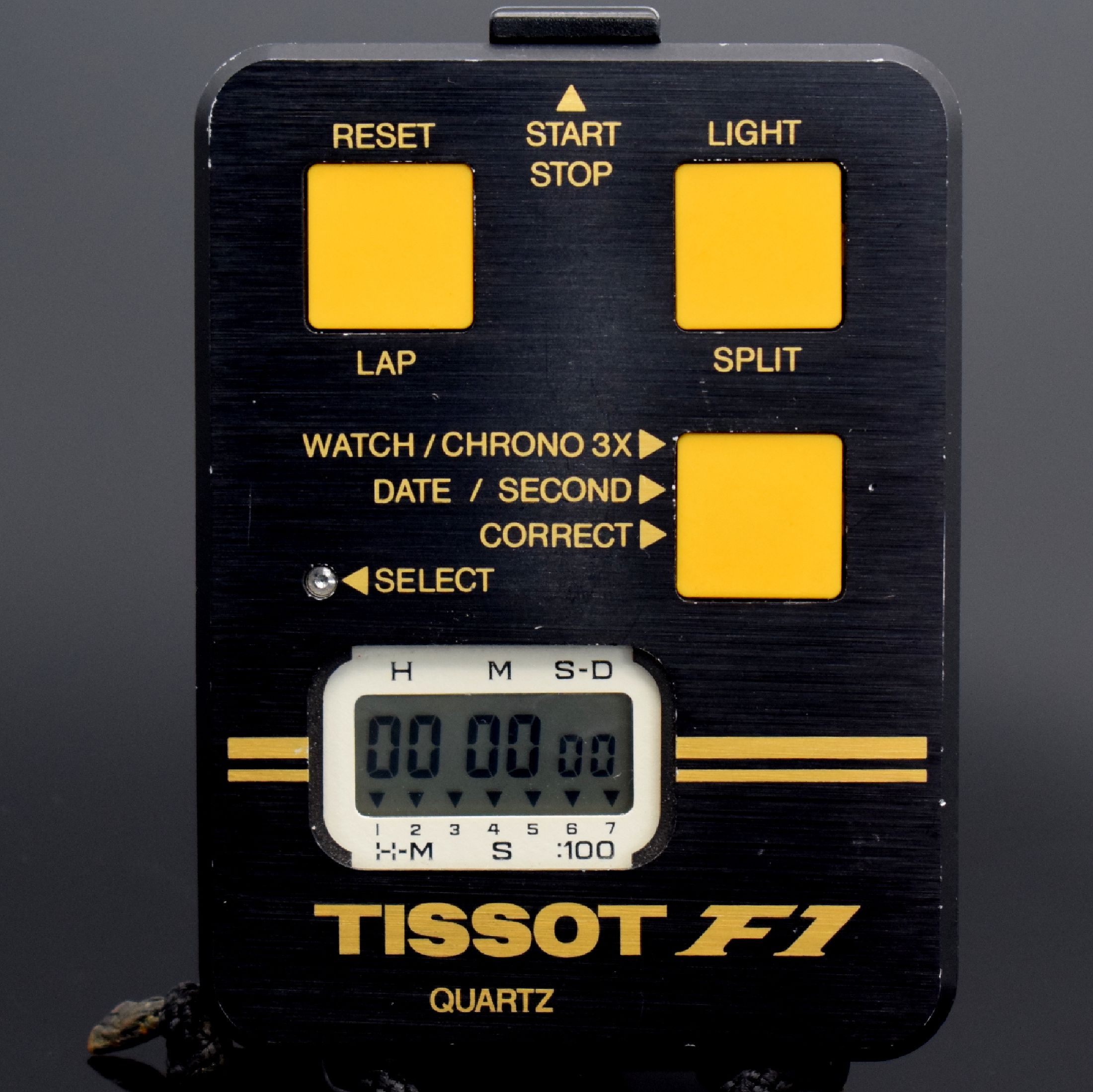 Detail b: TISSOT F1 seltene Stoppuhr mit Uhrzeit & Kalender, Schweiz um 1980, quarz, schwarz beschichtetes Metallgehäuse, Boden 4-fach verschr., Stoppfkt., ...