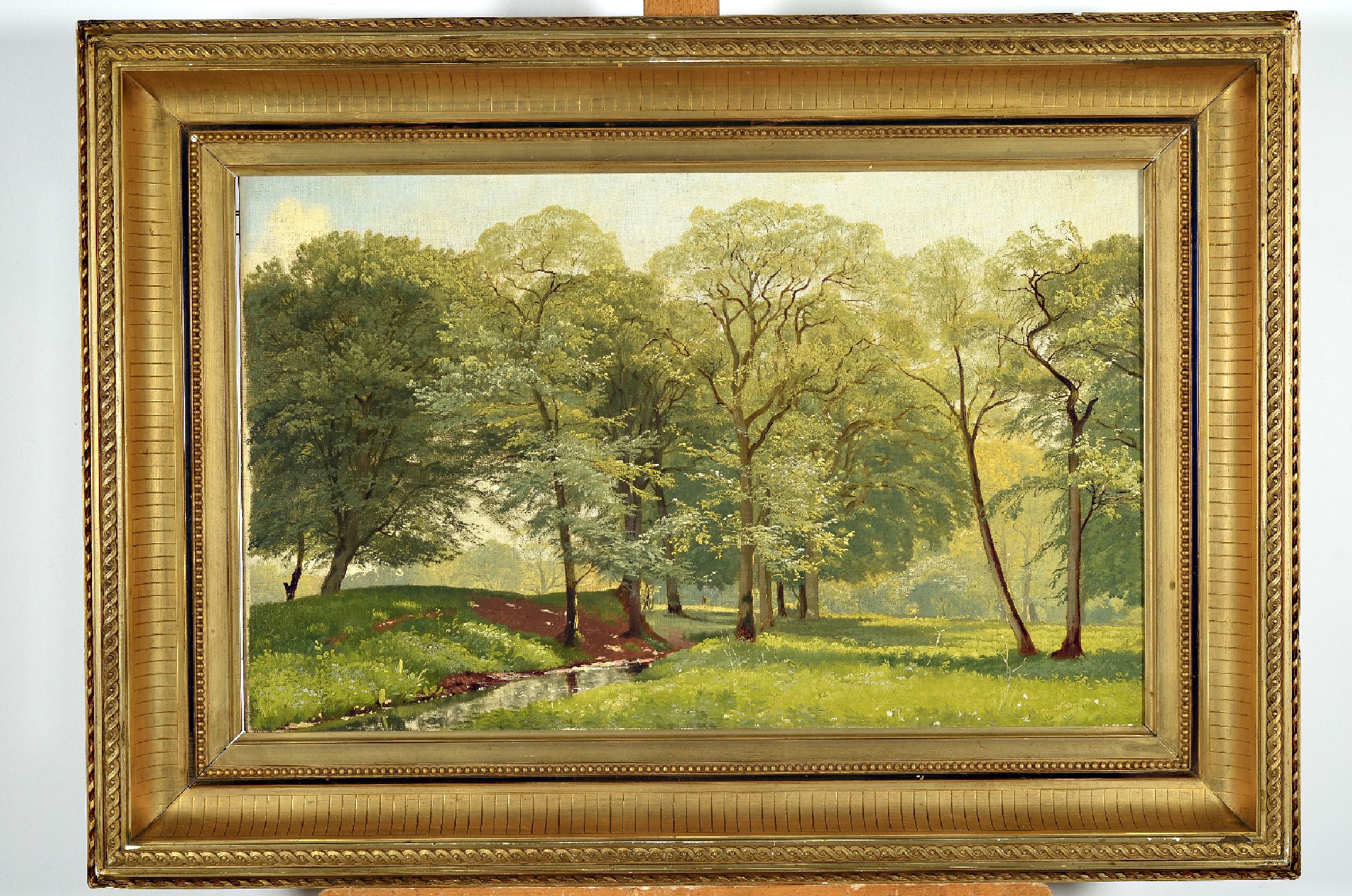 Unbekannter Künstler, um 1900, Sonnenbeschienene Bäume am Wiesenrand, Öl/Lwd, impressionistische Malweise, unsign., ca. 38x60cm, R. ca. 58x80cm