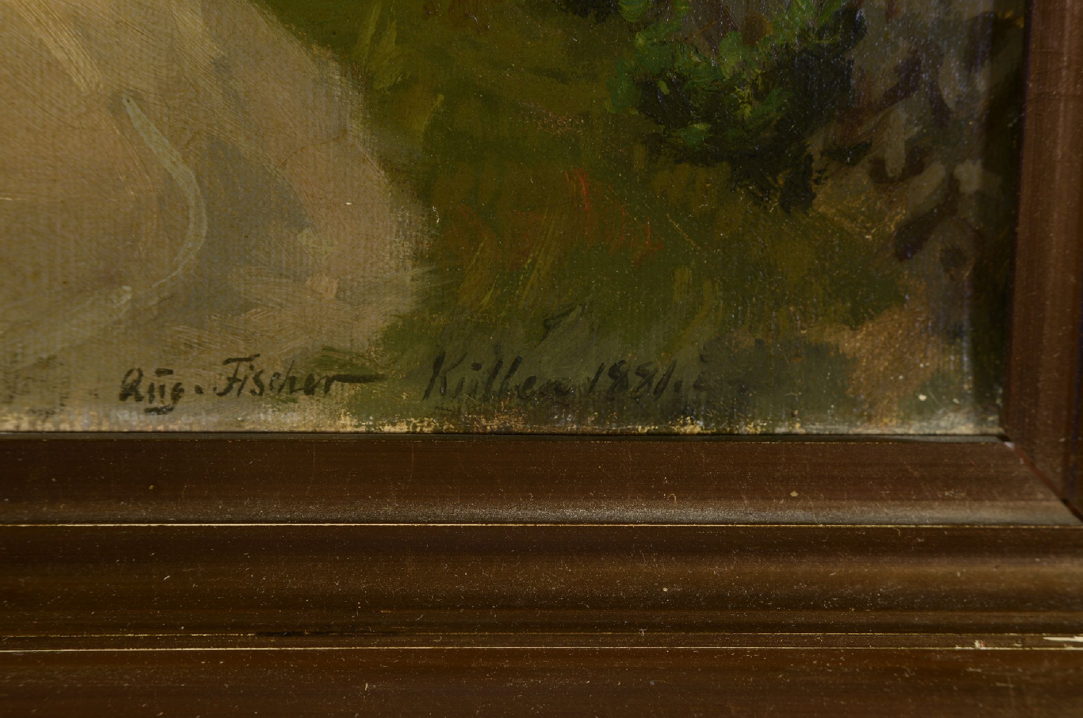Detail a: August Fischer, 1854-1921 Kopenhagen, Hügelige Landschaft mit Personen auf einem Weg, Öl/Lwd, sollte neu gespannt werden, rechts unten signiert und ...