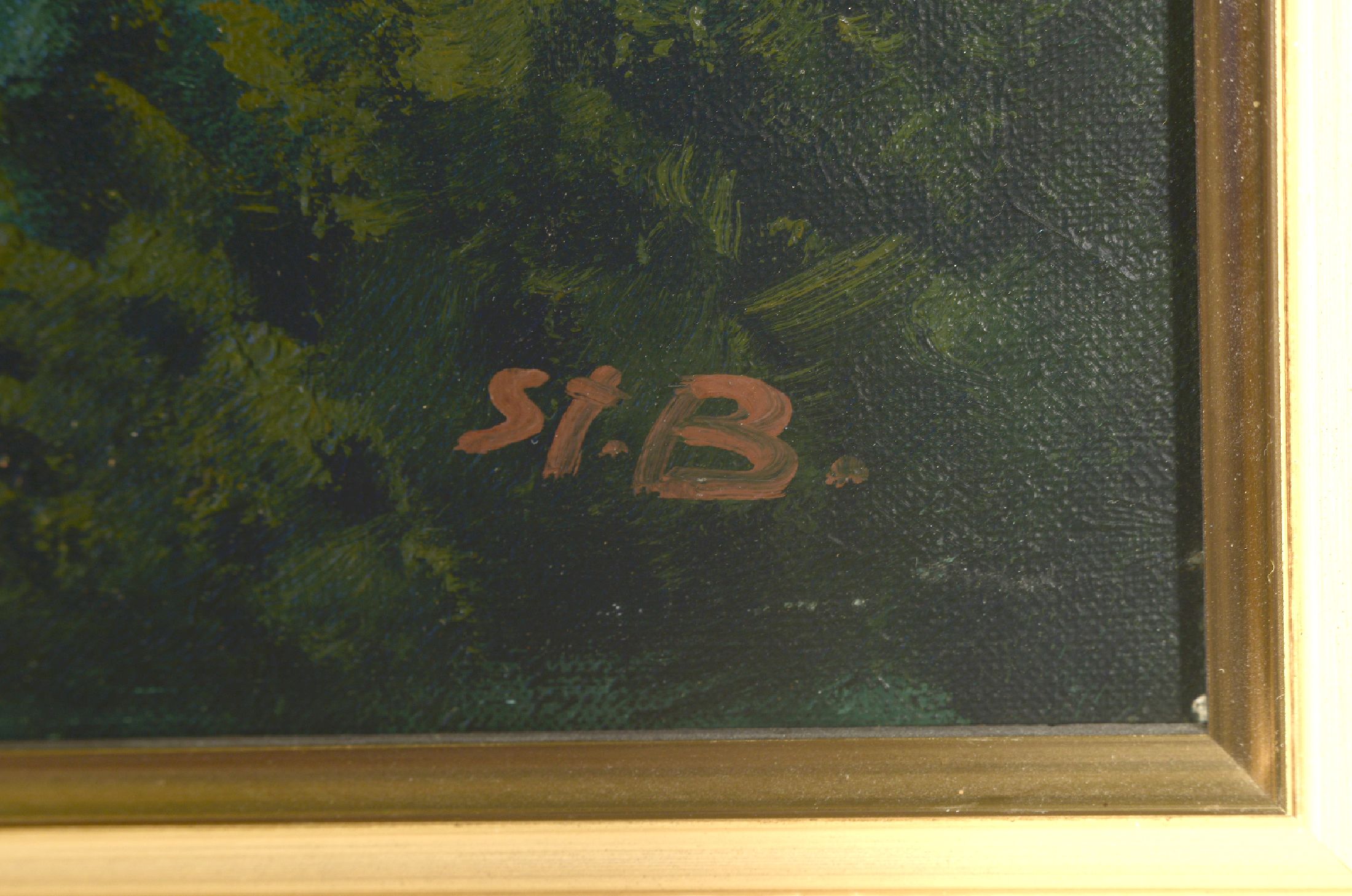 Detail a: Monogrammist St.B., um 1930, Vollmond über einer Baumzeile am Ufer eines Sees, Öl/Lwd, rechts unten monogr., ca. 48x67cm, R. ca. 54x73cm