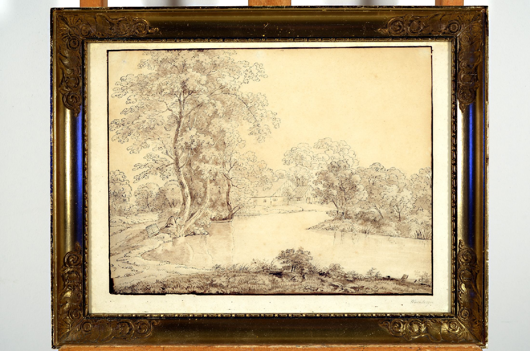 Simon Warnberger, 1796 Pullach-1847 München, Baumbestandenes Flußufer, lavierte Tuschfederzeichnung auf Papier, rechts unten signiert, leicht ...