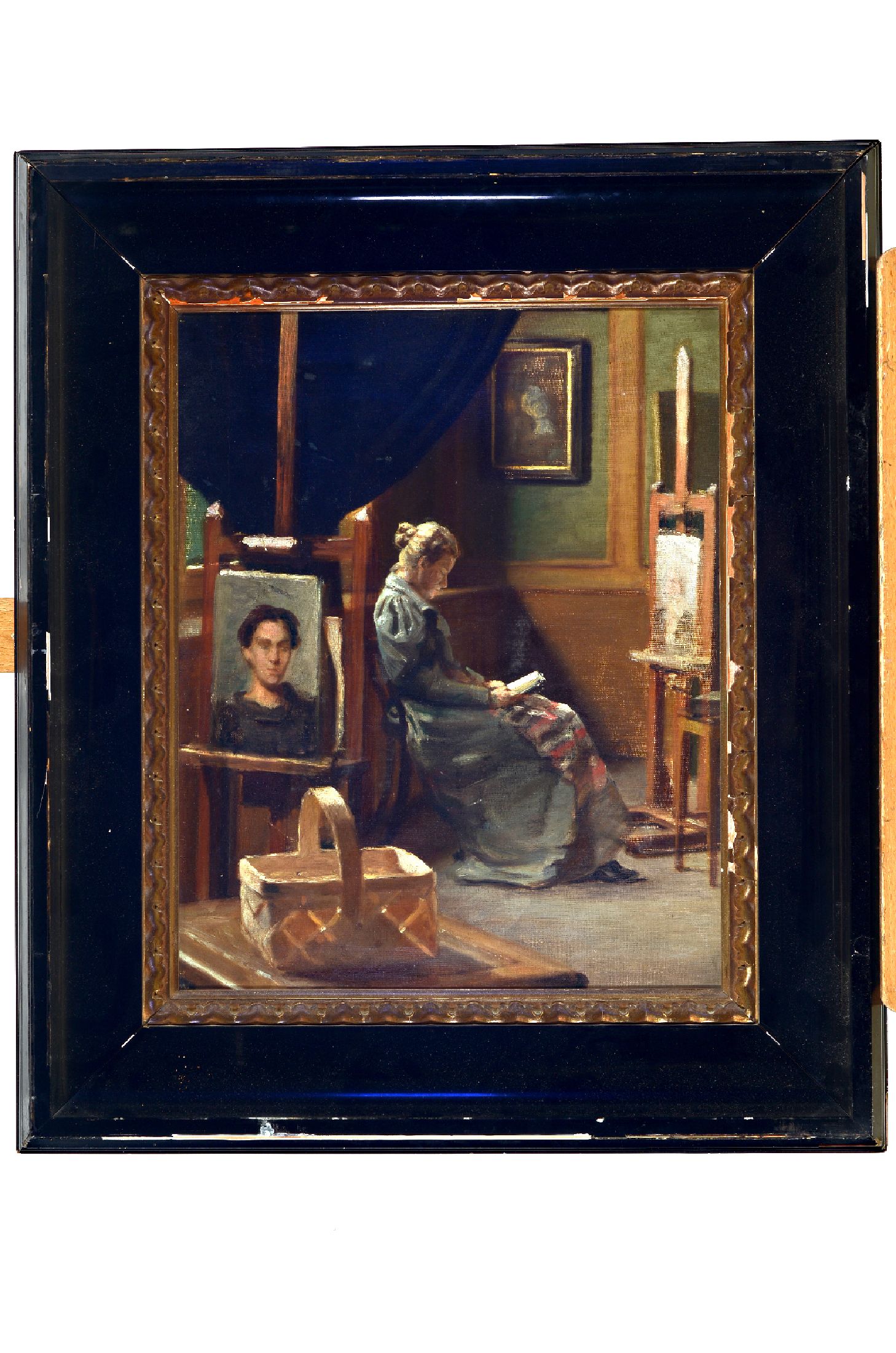 Unbekannter Künstler, um 1900, Bildnis einerDame im Maleratelier, lt. Einl. wohl Bildnis Bertha Wegemanns, Öl/Lwd, unsigniert, ca. 47x38cm, R. ca . ...