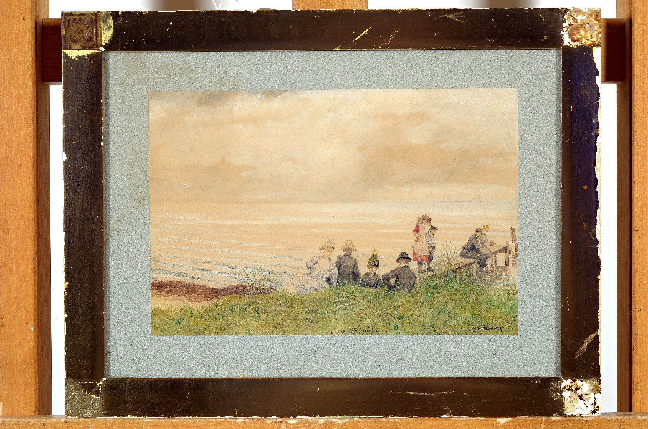 Johann Adolph Kittendorff, 1820-1902 Kopenhagen, Personen am Strand und Steg, Farbstift und Aquarell auf Papier (leicht gebräunt), mittig unten ...