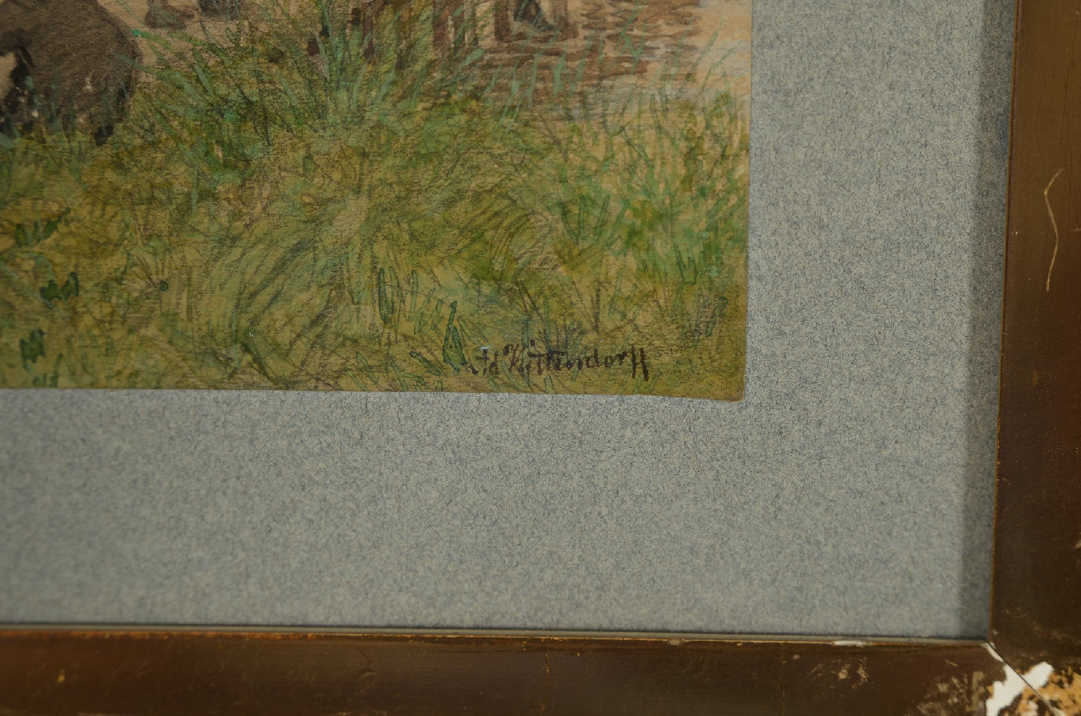 Detail a: Johann Adolph Kittendorff, 1820-1902 Kopenhagen, Personen am Strand und Steg, Farbstift und Aquarell auf Papier (leicht gebräunt), mittig unten ...