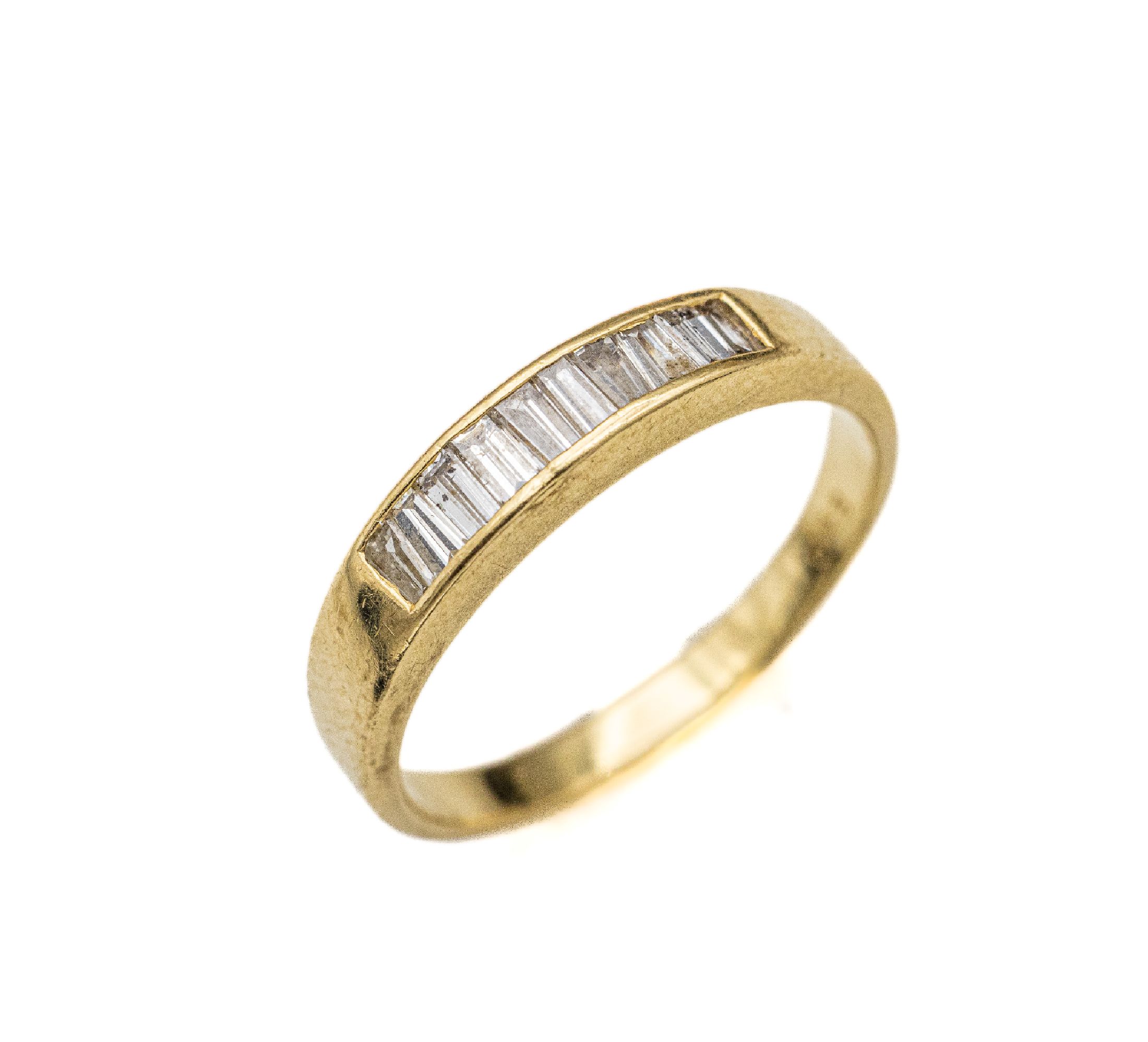 14 kt Gold Diamant-Ring, GG 585/000, 10 Diamantbaguettes zus. ca. 0.45 ct (grav.) Weiß/si-p, RW 58, ca. 3.5 g