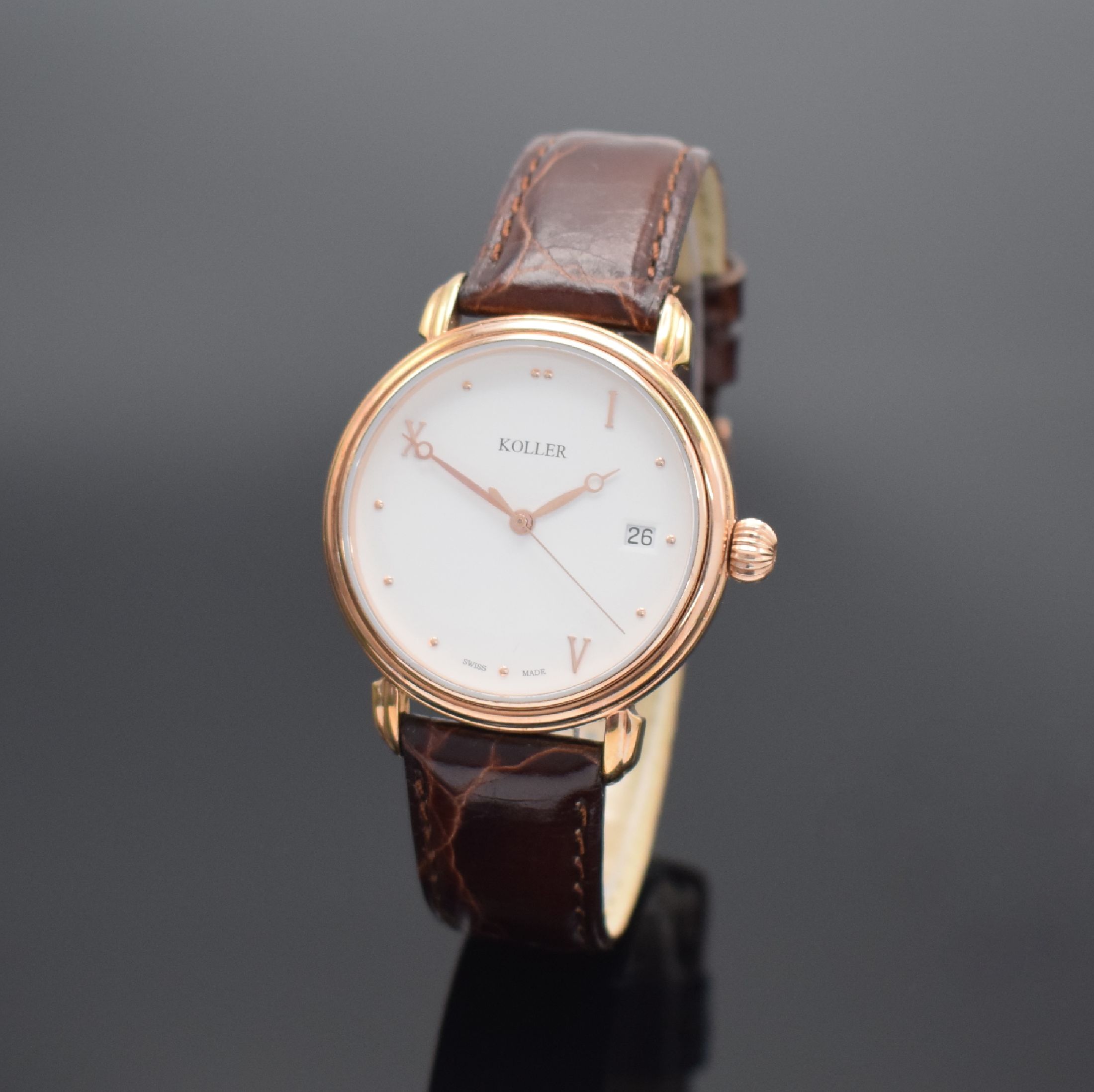 KOLLER vergoldete Herrenarmbanduhr, Schweiz aktuelle Produktion, Automatik, Ref. 69600, beids. vergl. Geh., weißes Zifferblatt Design von M. Koller ...