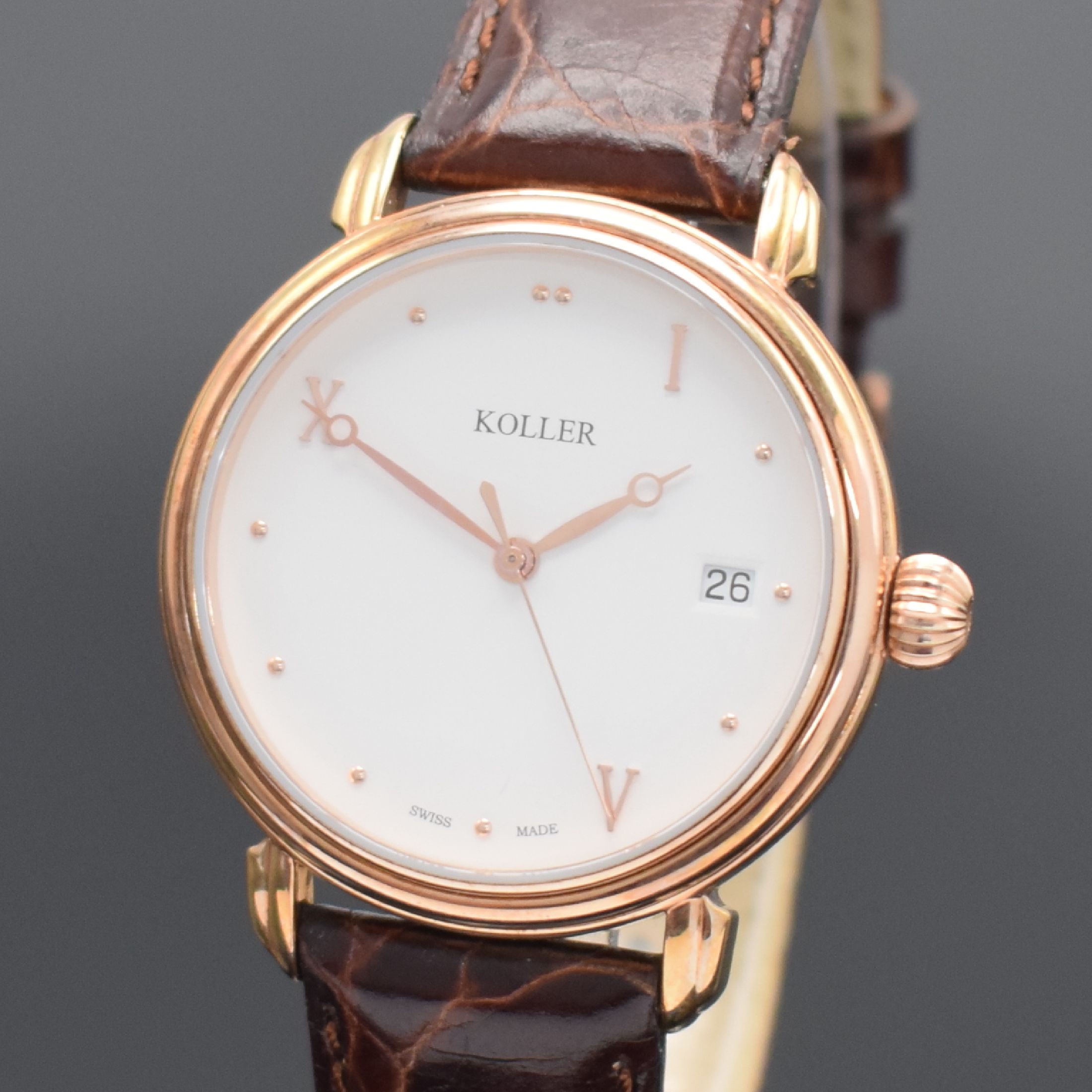 Detail a: KOLLER vergoldete Herrenarmbanduhr, Schweiz aktuelle Produktion, Automatik, Ref. 69600, beids. vergl. Geh., weißes Zifferblatt Design von M. Koller ...