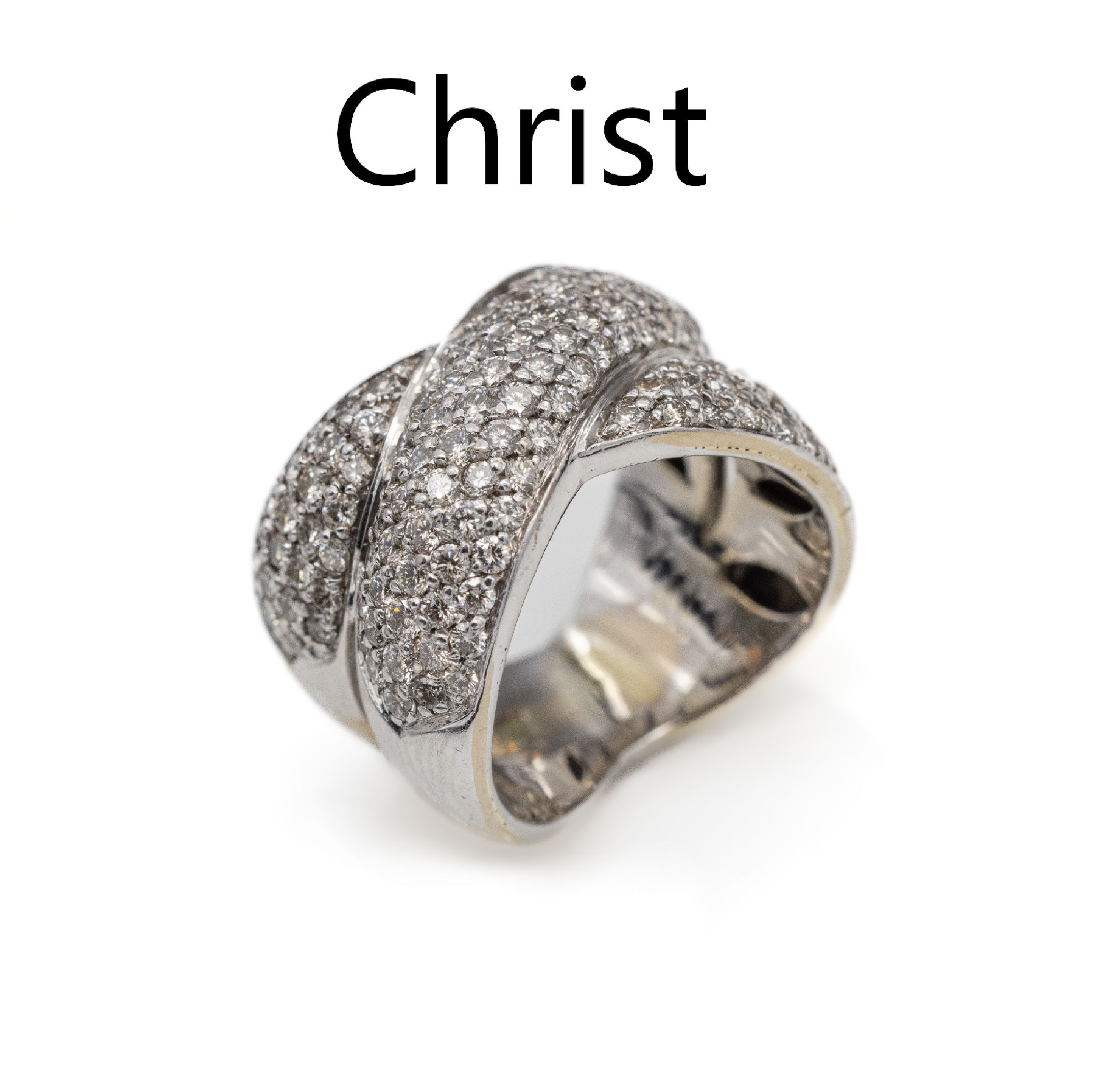18 kt Gold CHRIST Brillant Ring, WG 750/ 000, überkreuzte Schiene bes. mit ca. 150 Brillanten zus. ca. 3.00 ct feines Weiß-Weiß/ vs-si, RW 54, ...