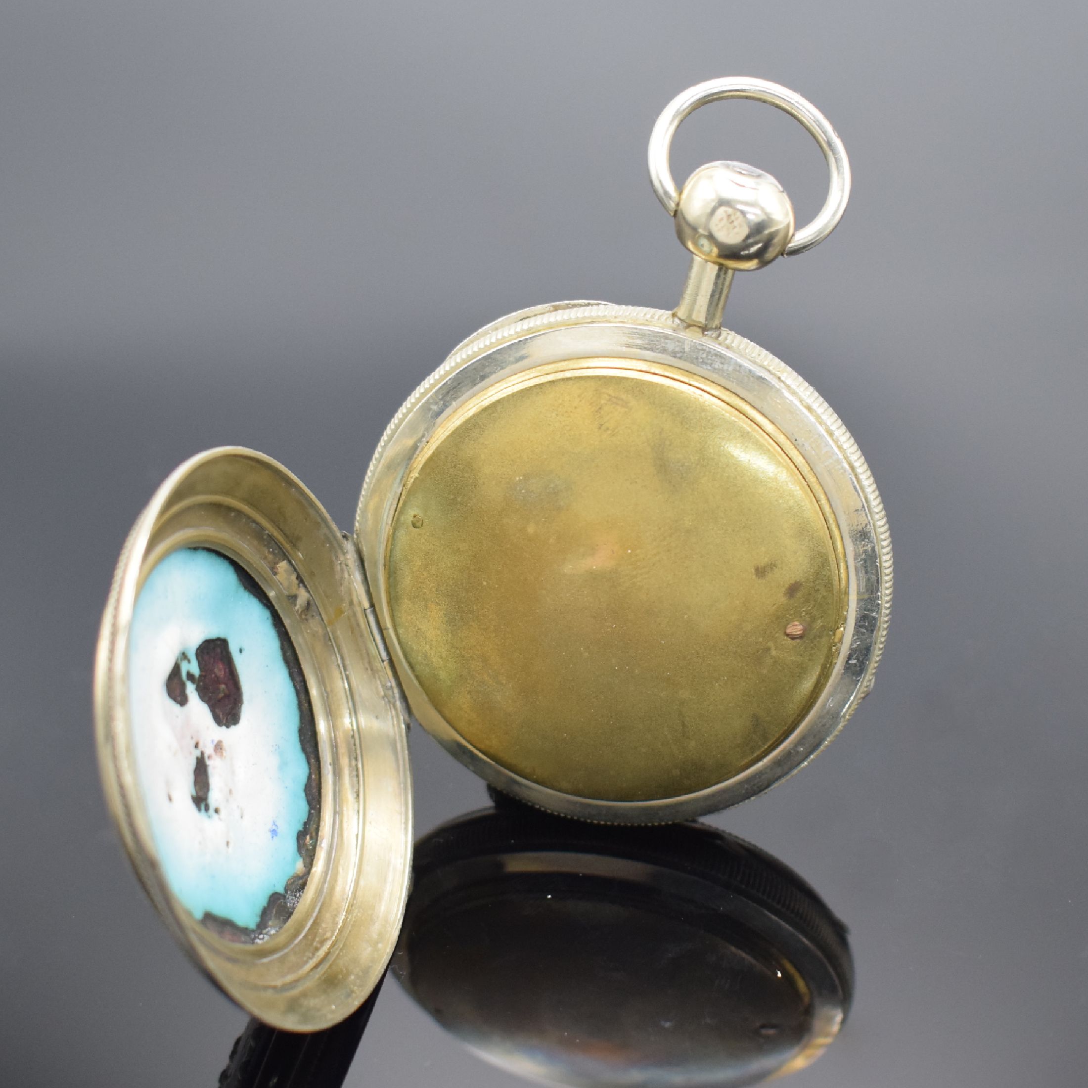 Detail d: Offene Spindeltaschenuhr mit 1/4 Repetition & Jacquemart, Schweiz um 1820, späteres Nickelgeh., emaillierter Rückdeckel, Emailzifferbl. (später) ...