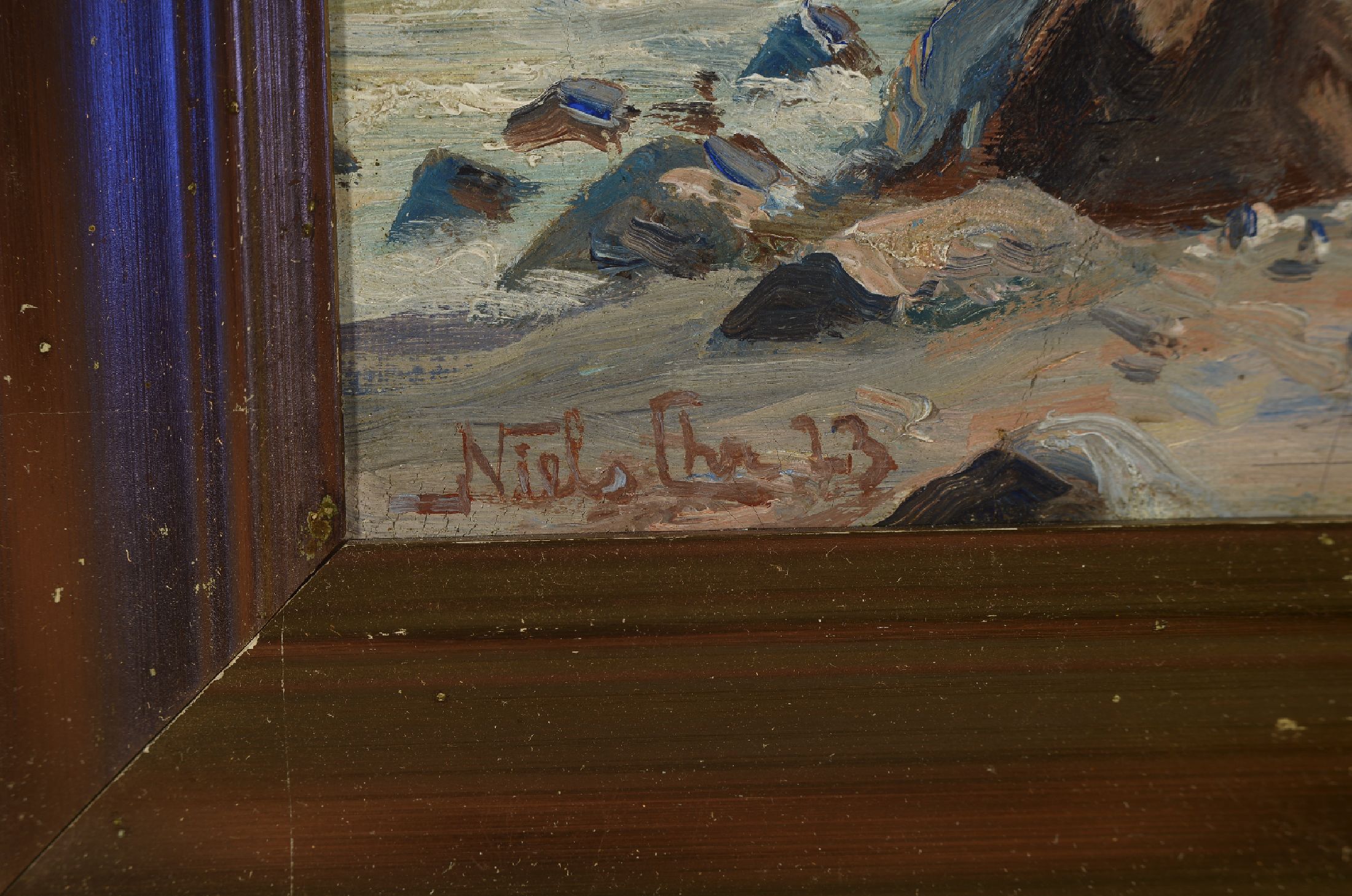 Detail a: Niels Peter Christiansen, 1873 Eskebjerg-1960, Segelschiff am felsigen Strand, Öl/Lwd, links unten sign., ca. 20x 33cm, R. ca. 28x42cm