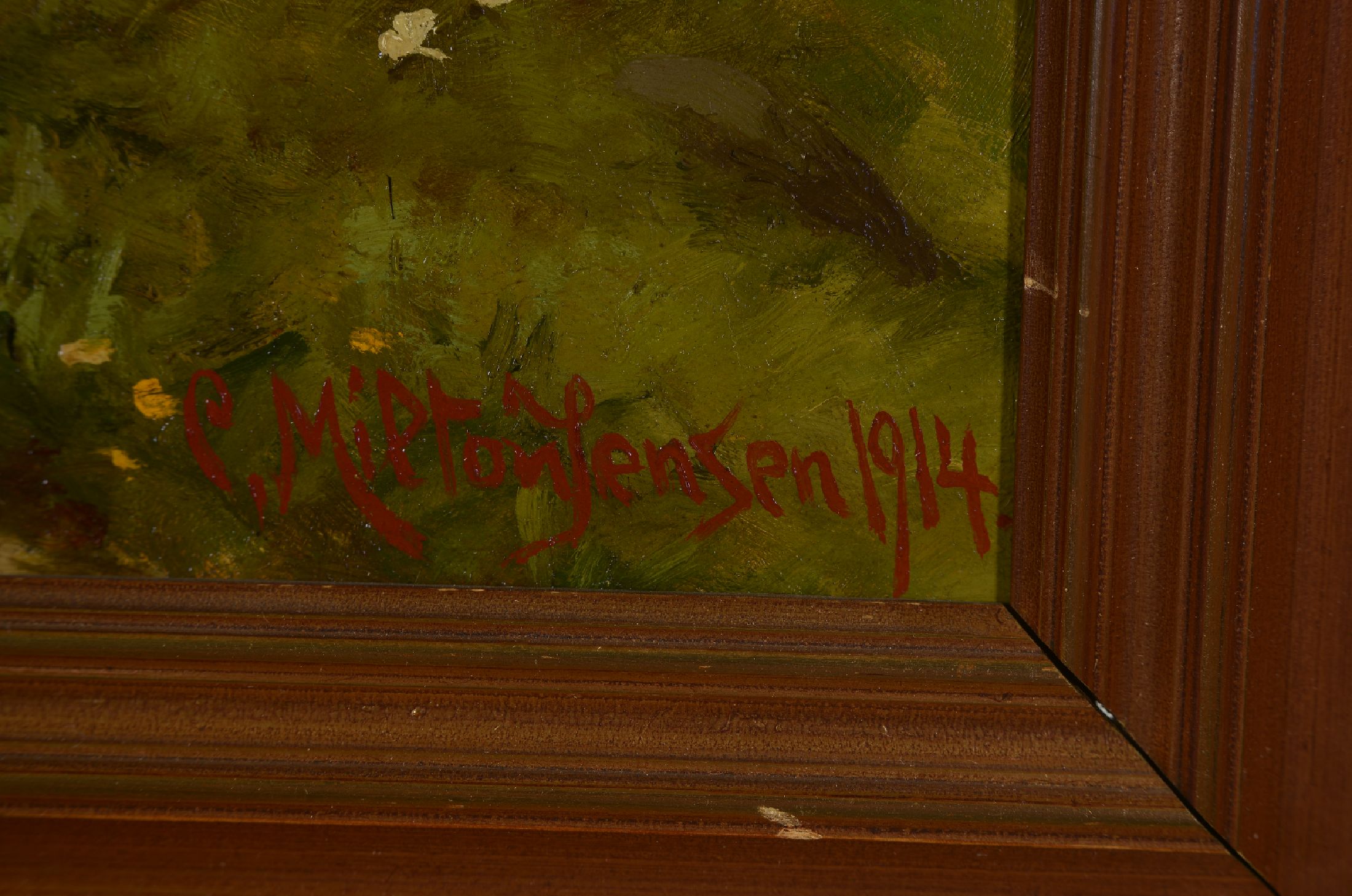 Detail a: Carl Milton Jensen, 1855 Slagelse-1928 bei Aarhus, Blick auf einen Bauernhof mit Hühnern und Wachhund, Öl/Lwd, rechts unten signiert und dat. 1914, ...